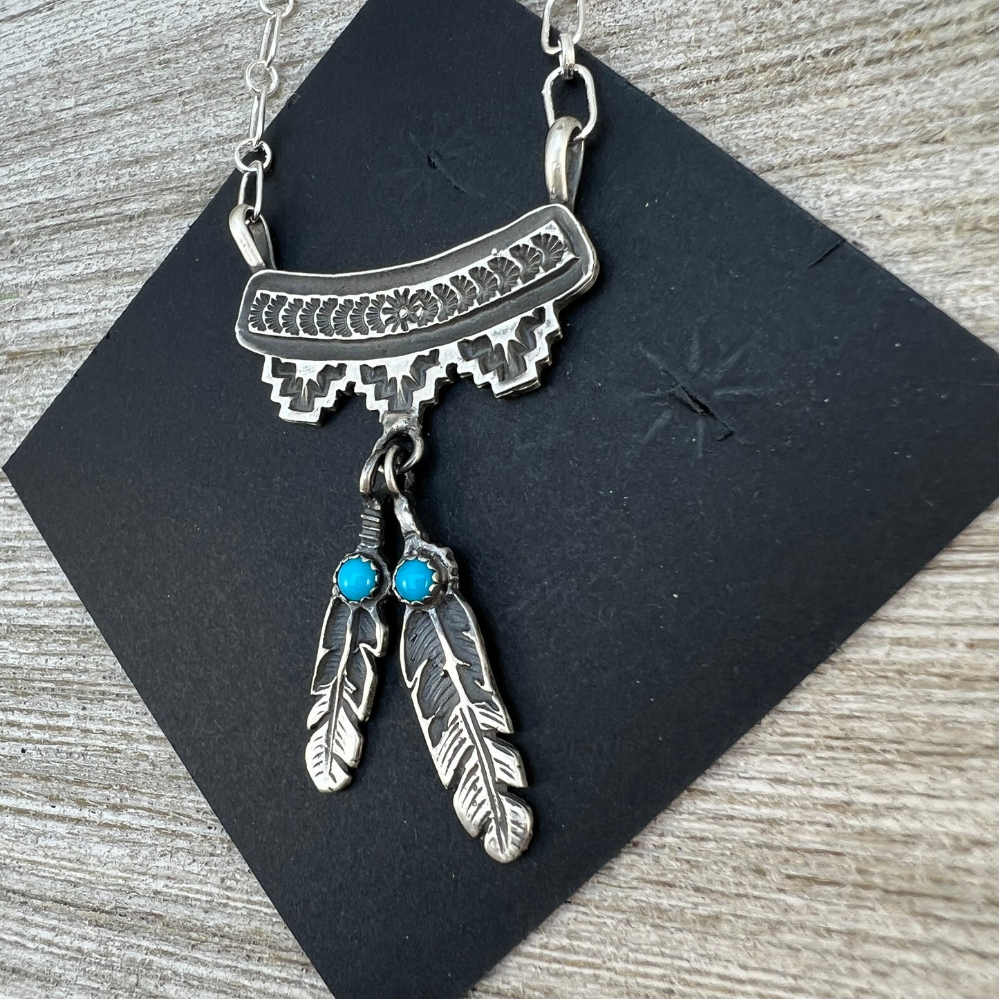 18" Feather necklace Turquoise, sterling silver, Annie Spencer