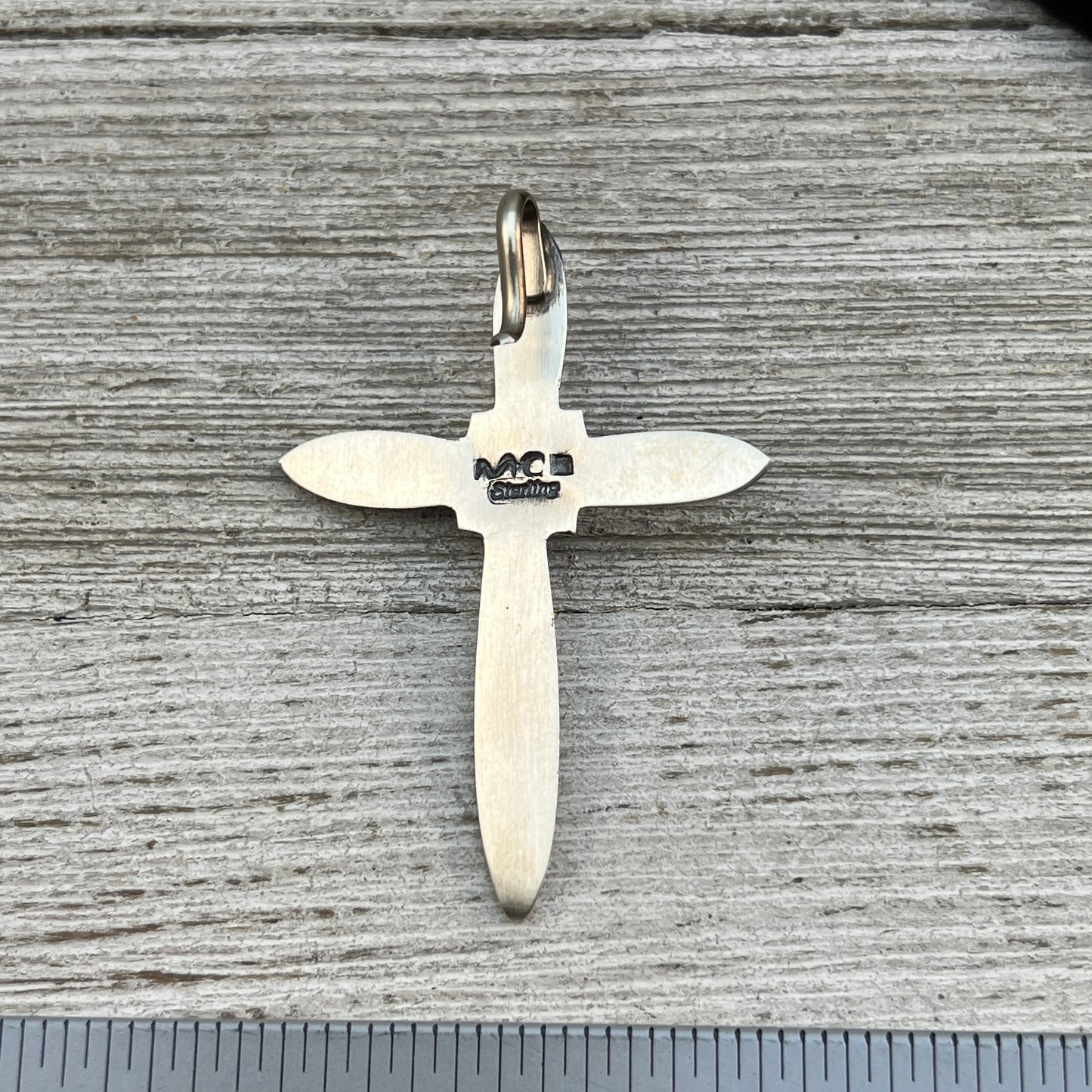 Narrow Turquoise Cross Pendant Sterling Silver Navajo handmade Martha Cayatineto