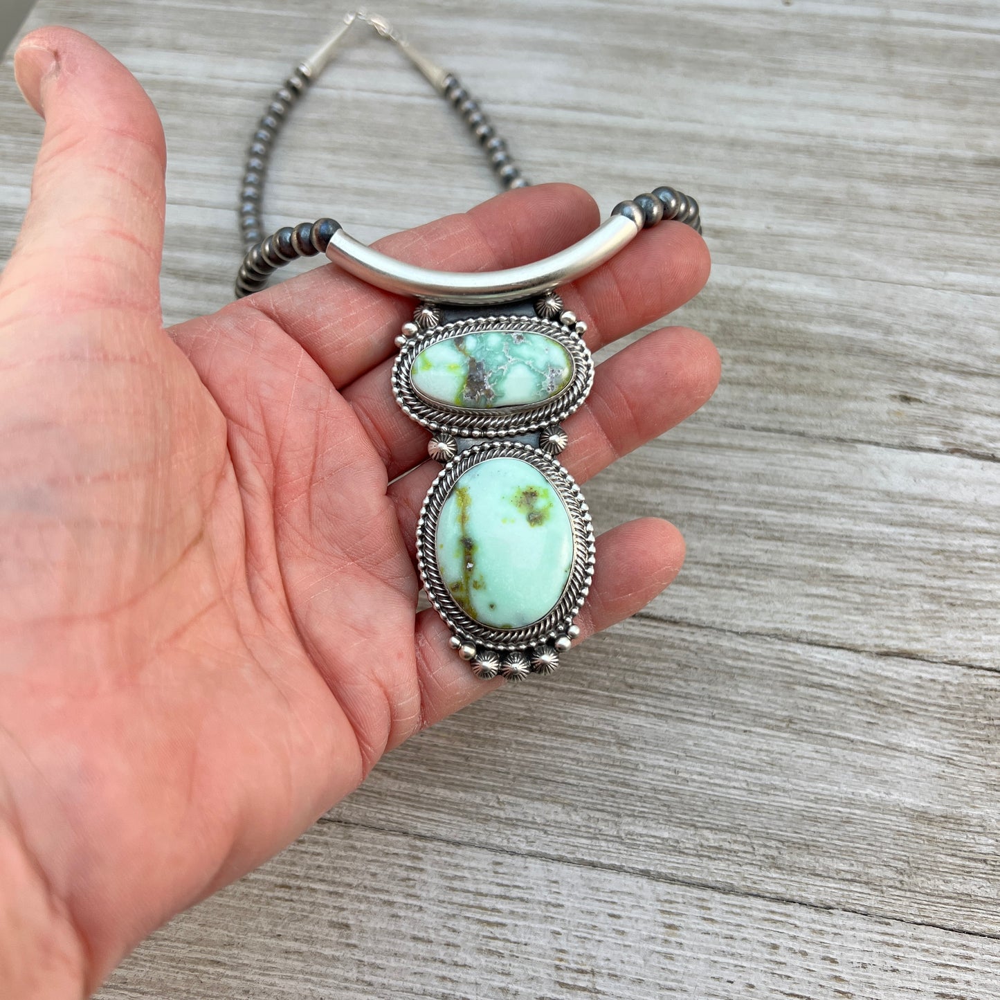 Palomino Variscite 18" necklace #4, 6mm Sterling silver oxidized beads, Southwest pearls, Navajo, TOM LEWIS