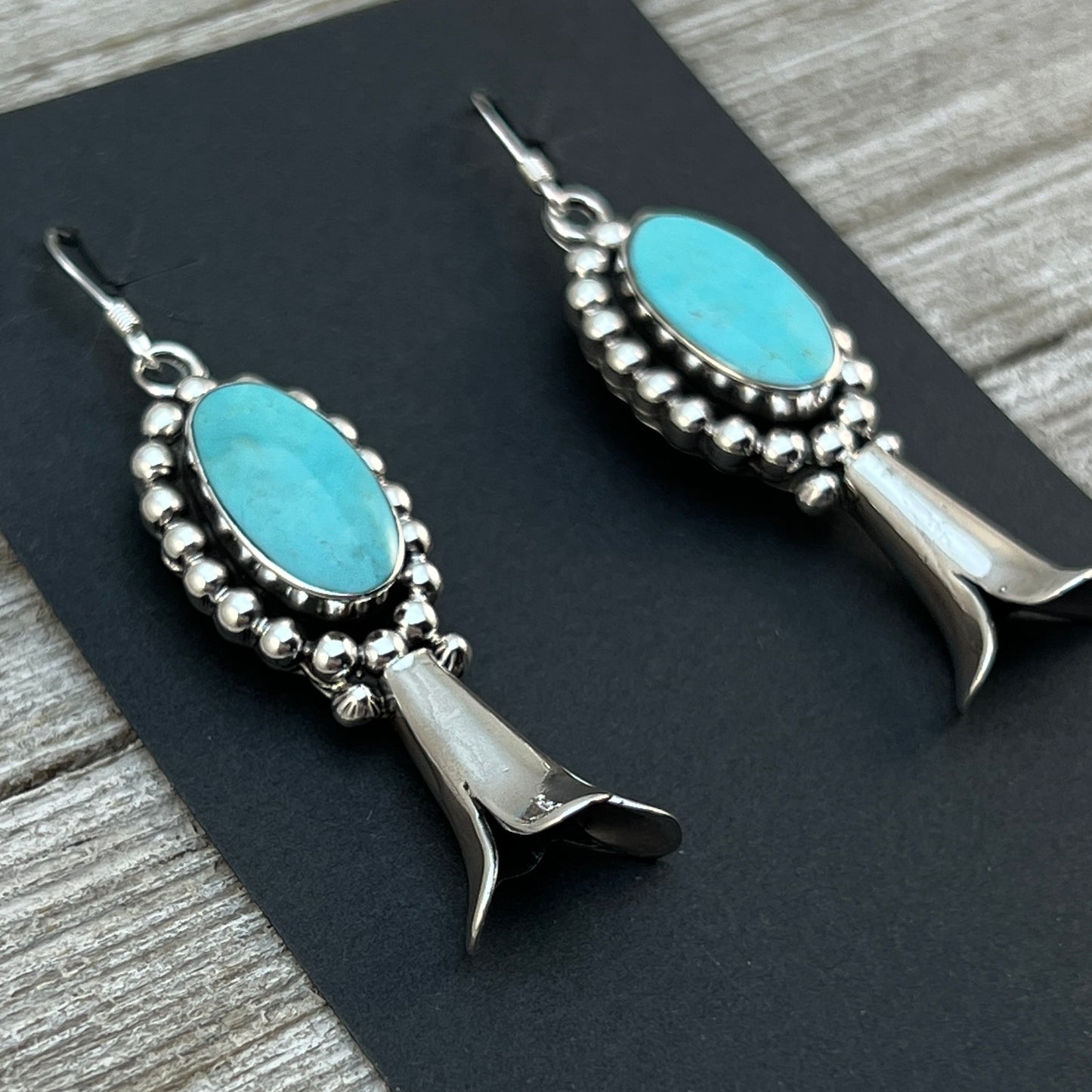 Blue Kingman Turquoise squash blossom earrings sterling silver Navajo Charlene Yazzie 457