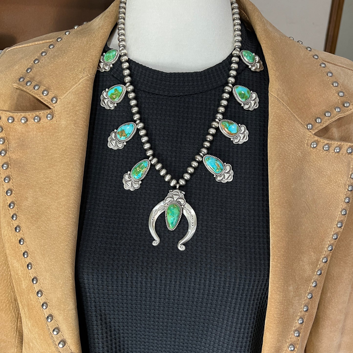 22" Sonoran Turquoise polychrome squash blossom necklace Adrienne Gordon Sterling silver