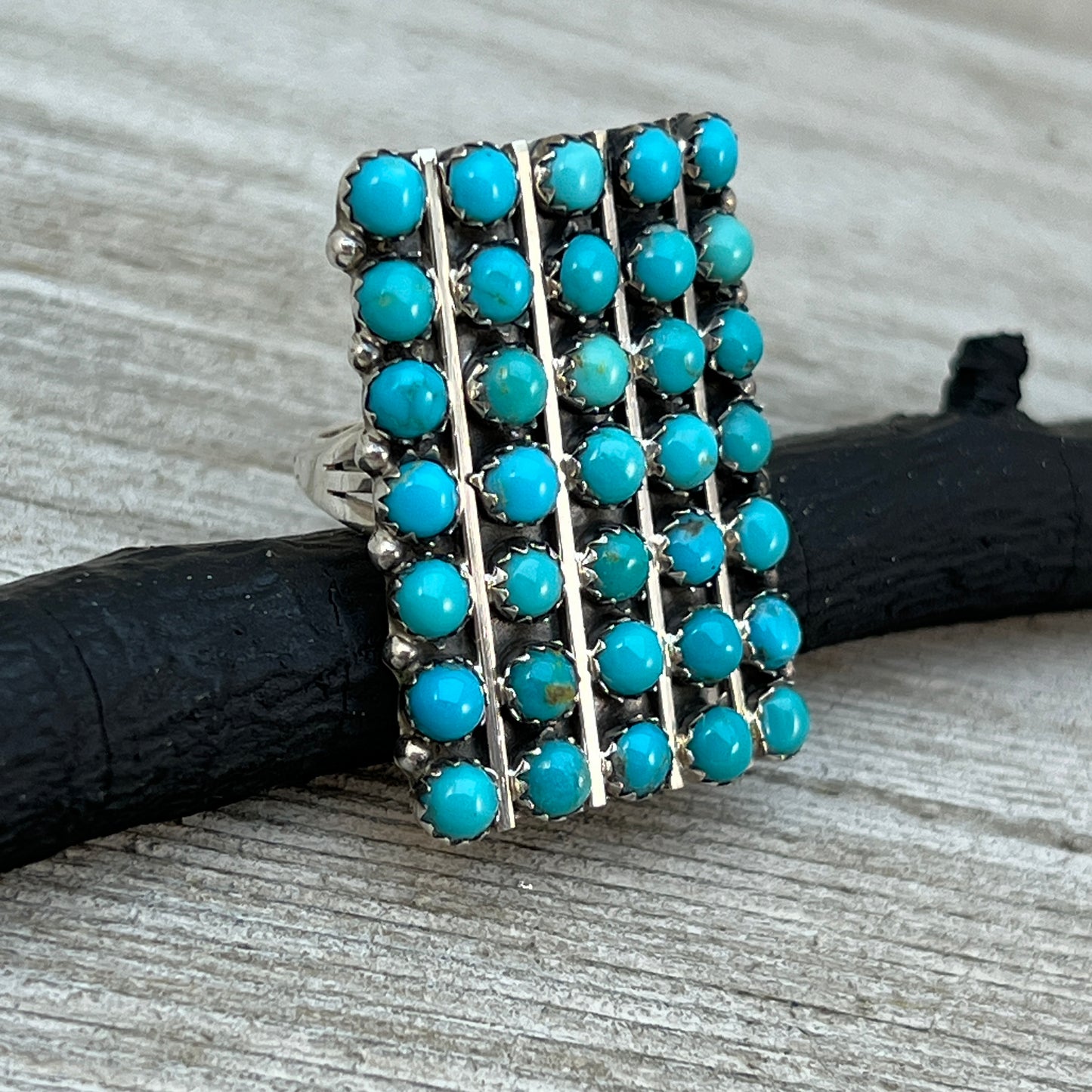 Size 7.75 Turquoise Zuni Snake Eye Dot Row Ring Kenny Lonjose Sterling Silver