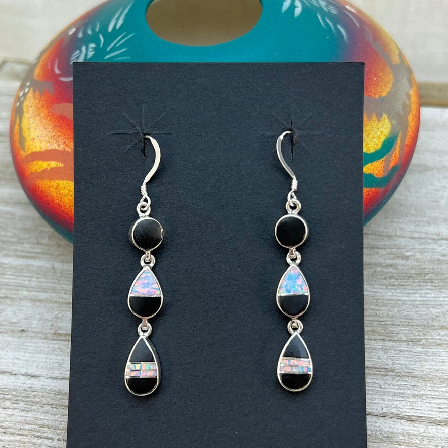 Elegant modern inlay dangle earrings Black Jet Opal Navajo handmade James Manygoats