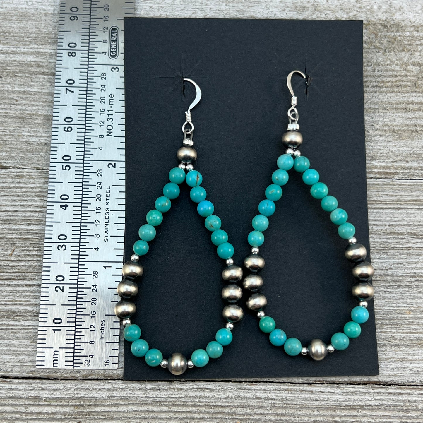 Real Turquoise hoop Earrings with Southwest Pearl sterling silver beads