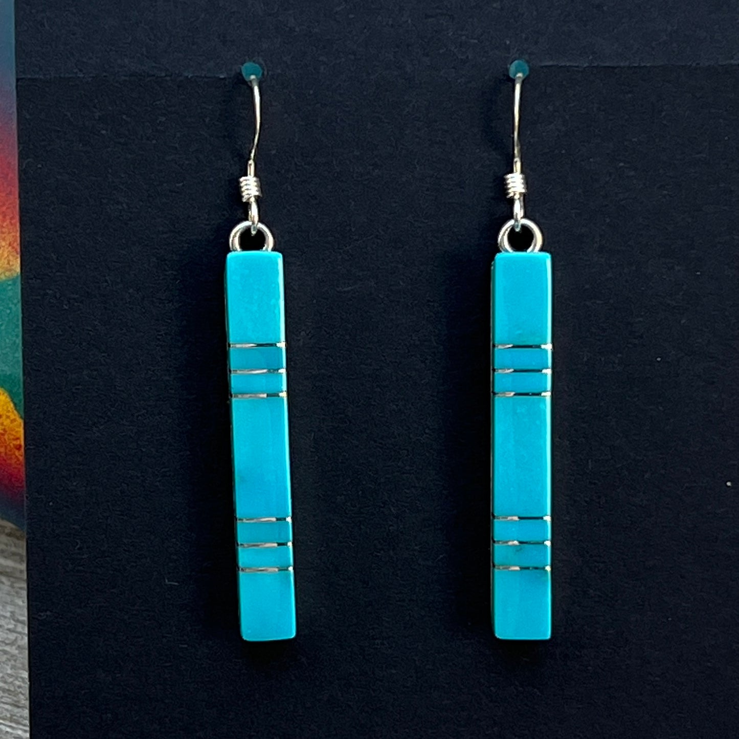 Modern Blue Turquoise inlay bar dangle earrings 2 sterling silver Zuni MaDerral Kallestewa