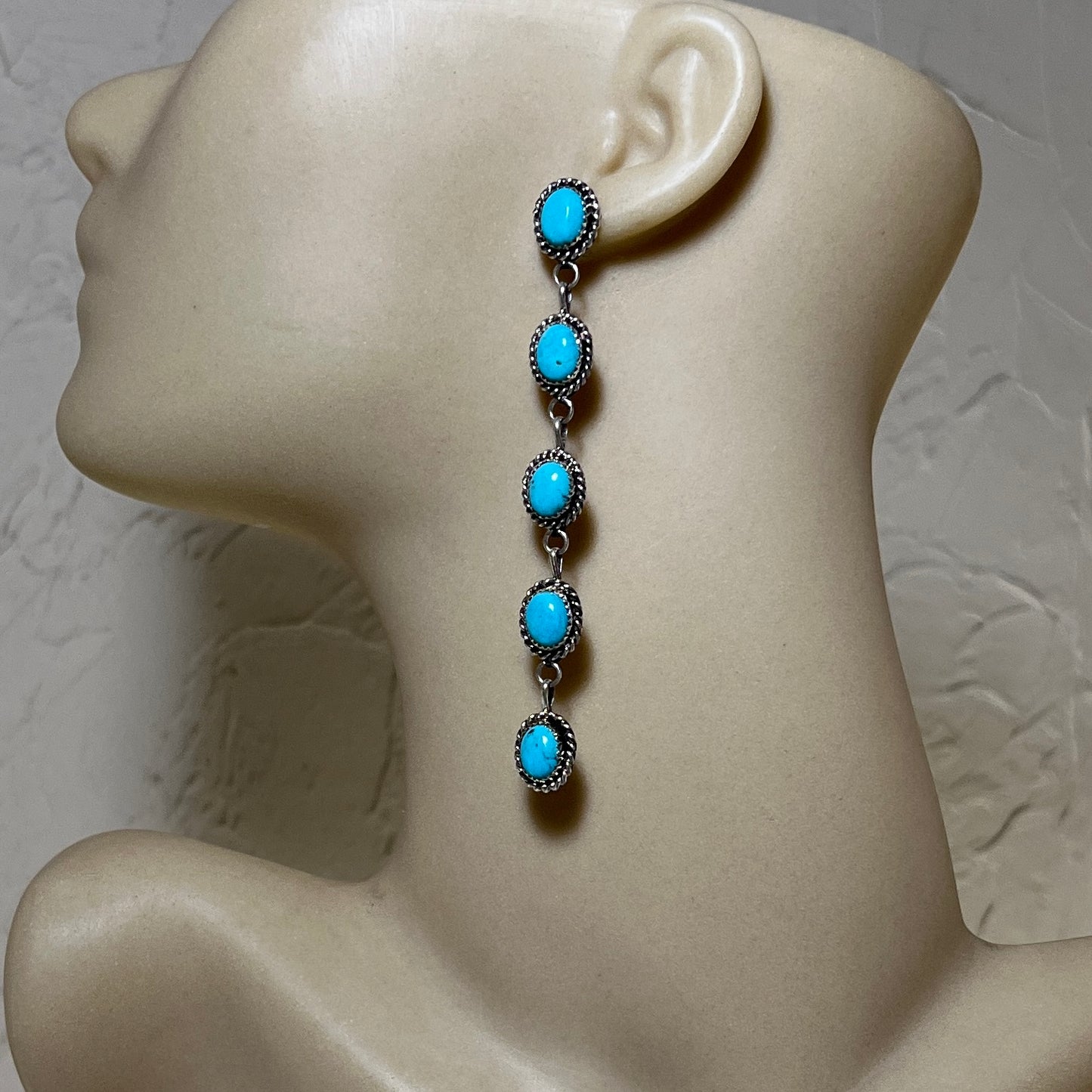 Long Dangle Turquoise stone earrings, sterling silver Boho jewelry Maxine Ramirez