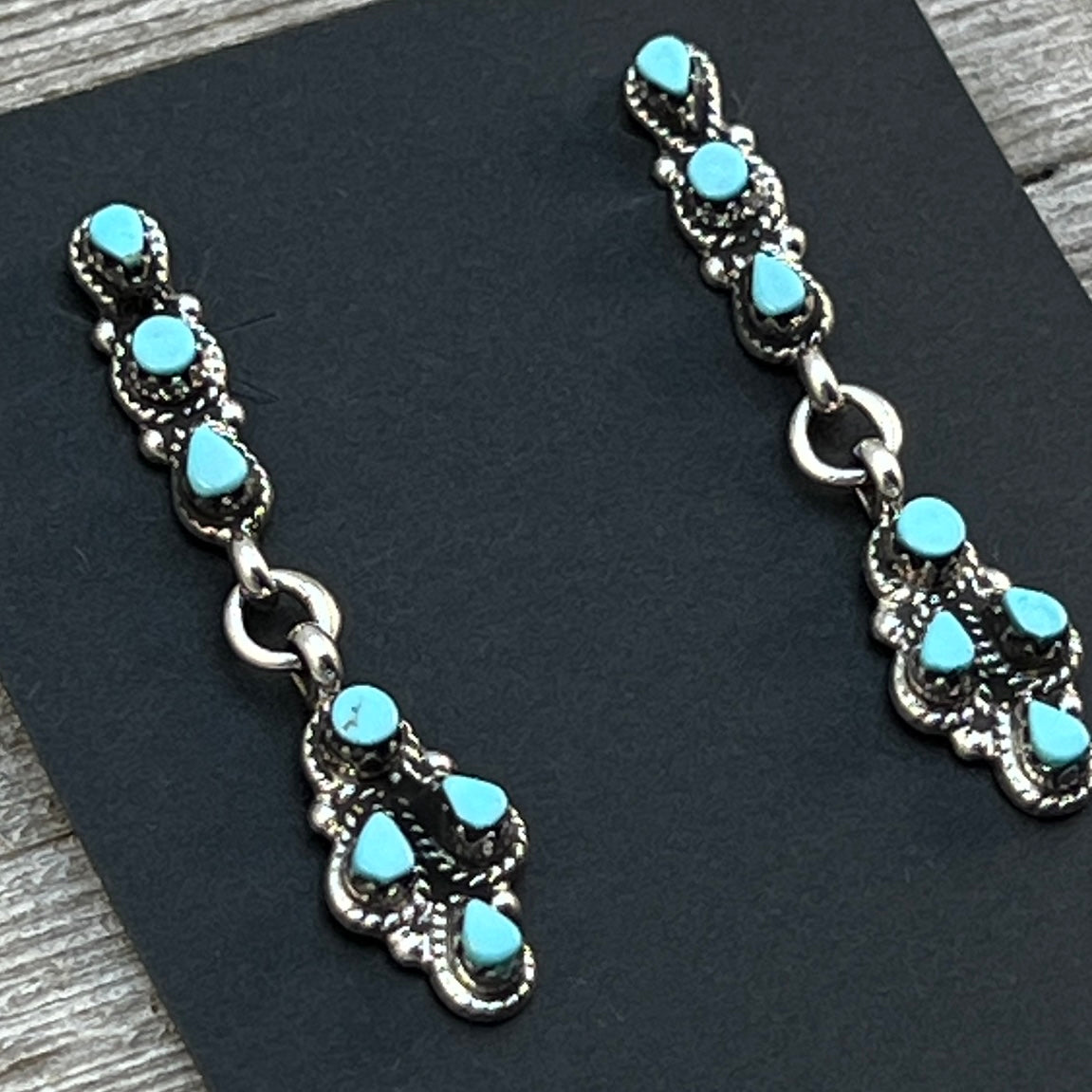 Turquoise Petit Point Dainty dangle zuni earrings sterling silver Jovi Burns 456