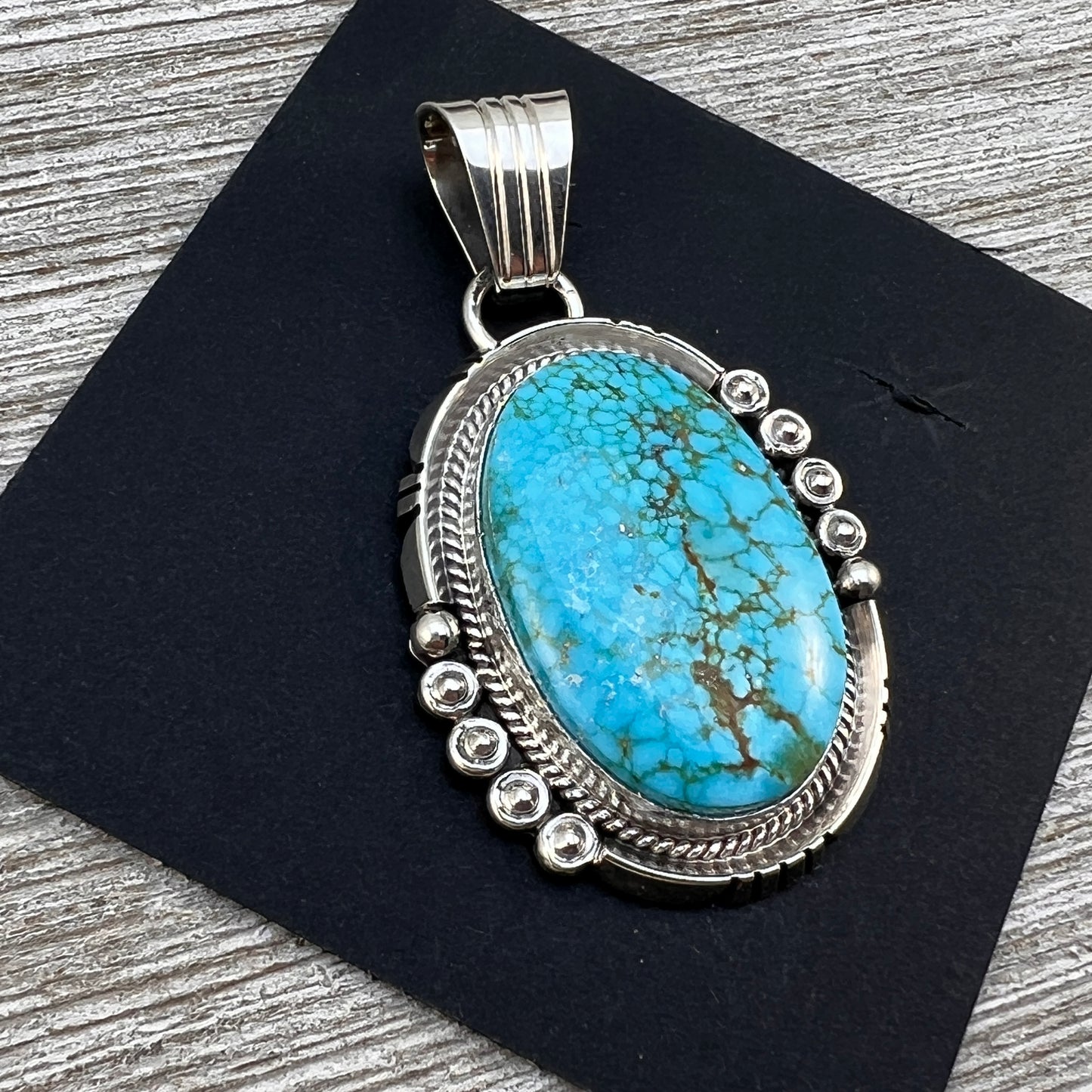 High Quality Blue Kingman Turquoise Pendant 6, Sterling Silver Daniel Benally