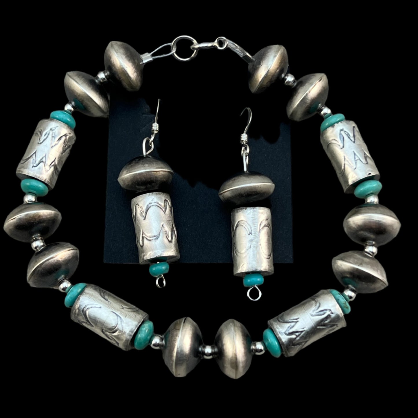 Handmade Navajo Pearls, beads bracelet earring set sterling silver Sharon Cooley
