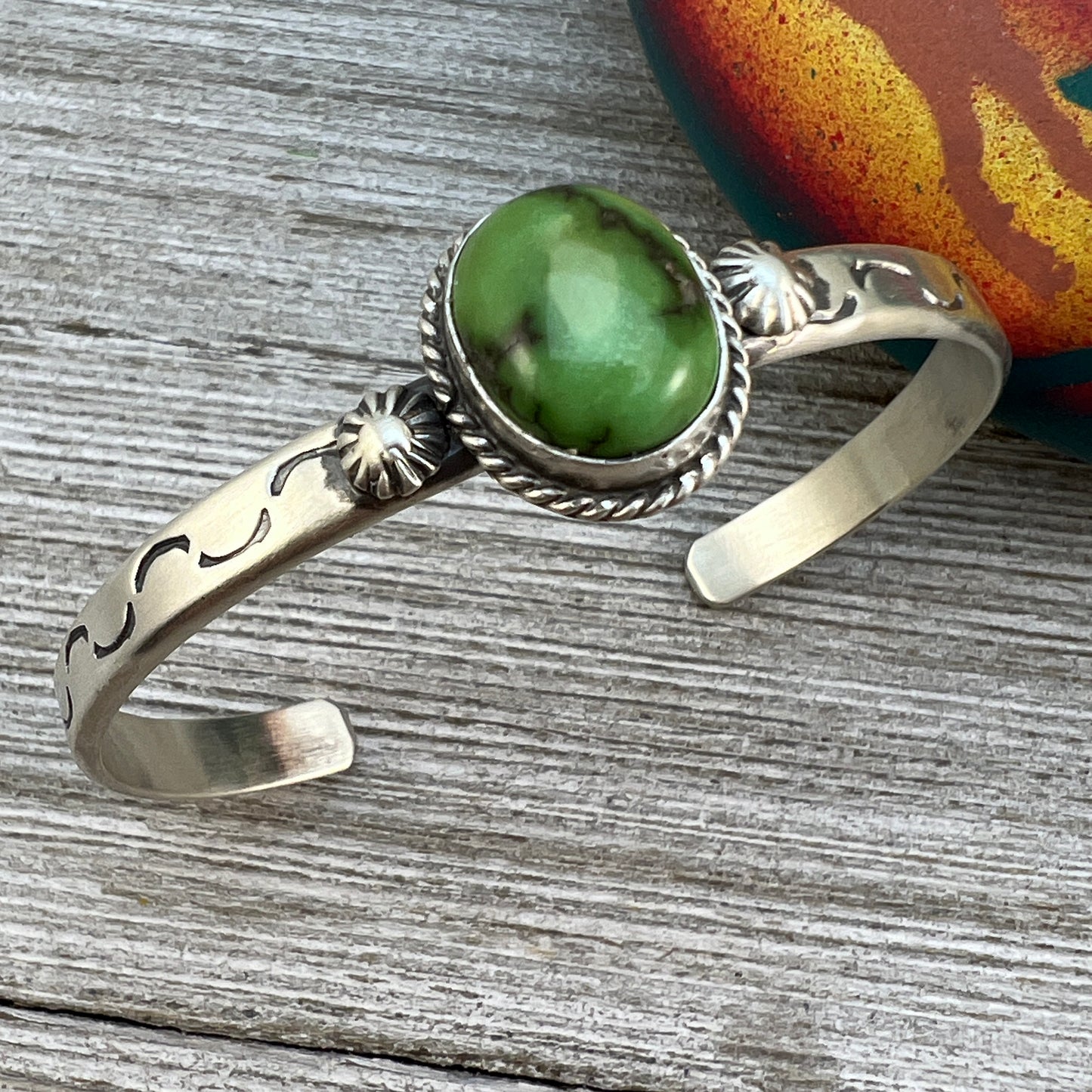 6 1/2" Green Sonoran Turquoise stacker Cuff bracelet 6, Sterling Silver Samuel Yellowhair BOHO