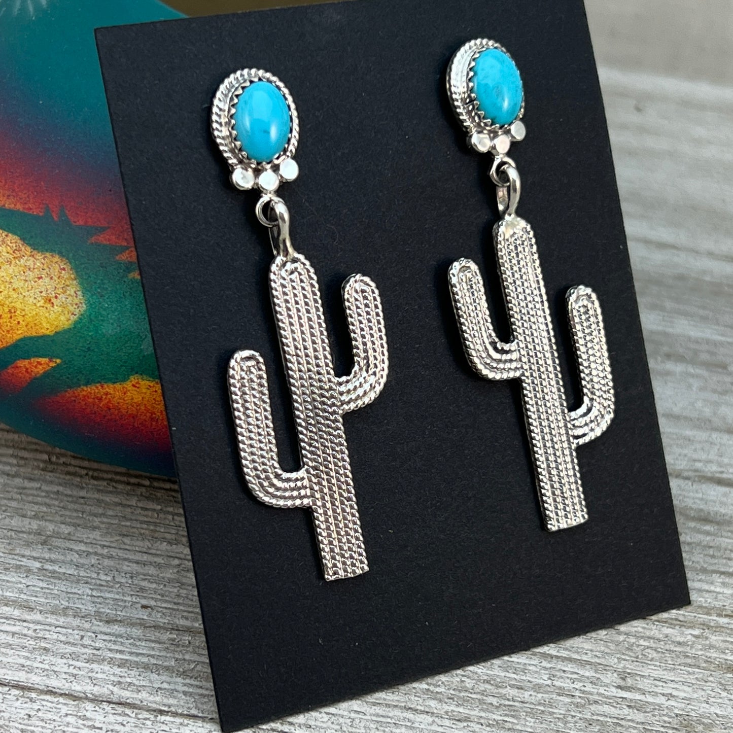 Navajo handmade turquoise Cactus dangle earrings sterling silver Annie Spencer
