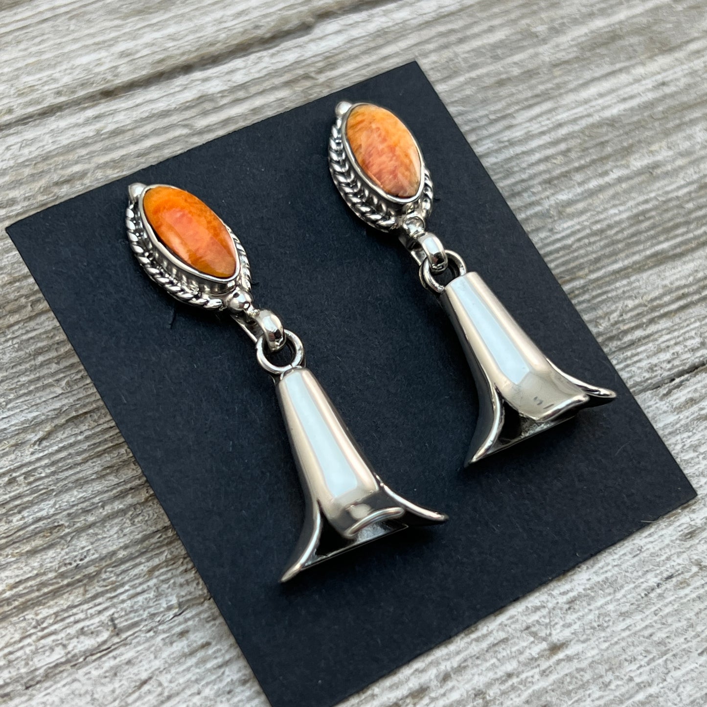 Orange Spiny Squash Blossom dangle earrings sterling silver turquoise Sheena Jack 412