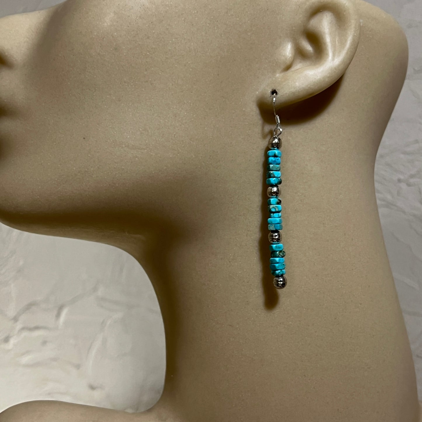 Long skinny Turquoise bead Sterling Silver Navajo Pearl Earrings, Louise Joe
