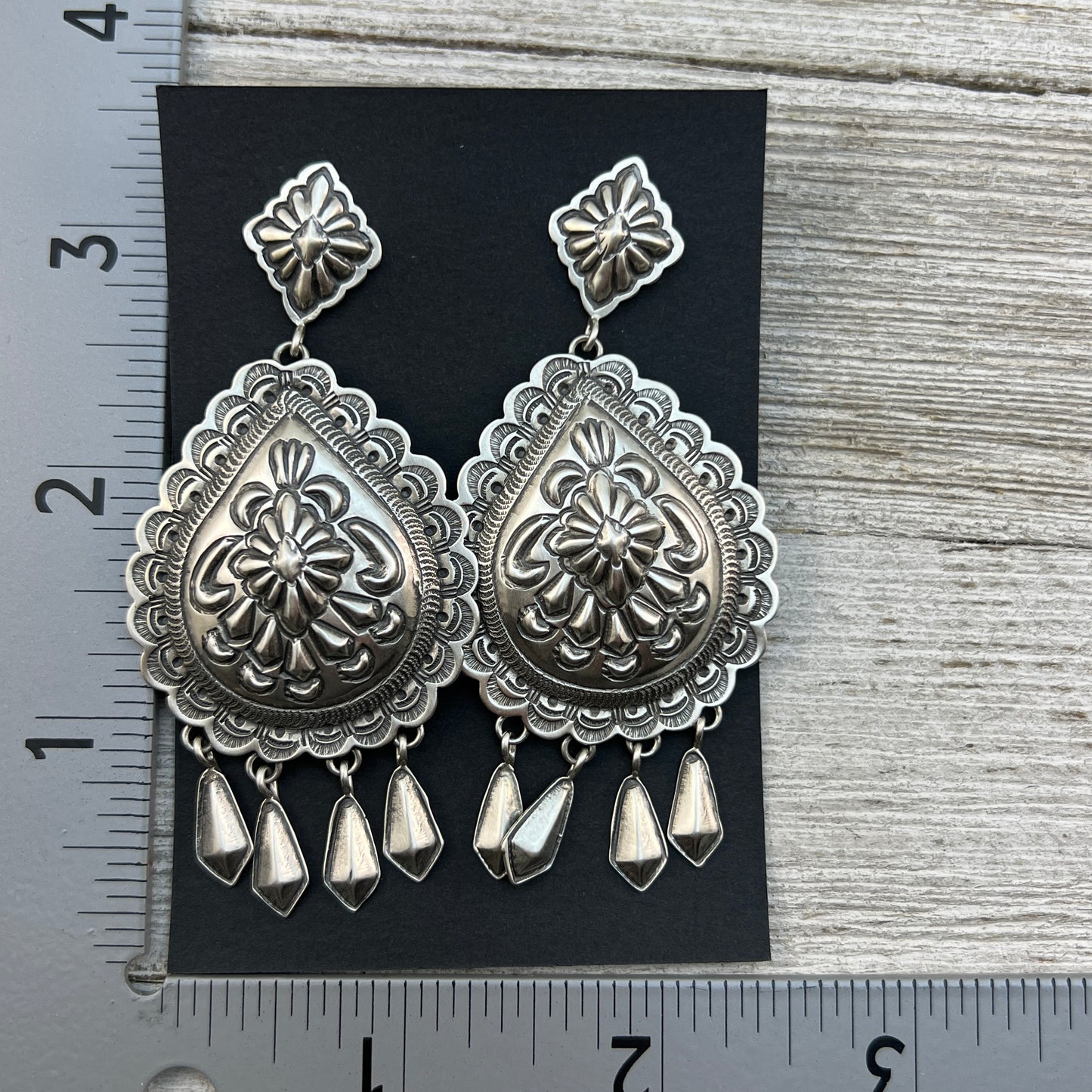 Lightweight Stamped concho dangle earrings, sterling silver turquoise Navajo Terry Charlie