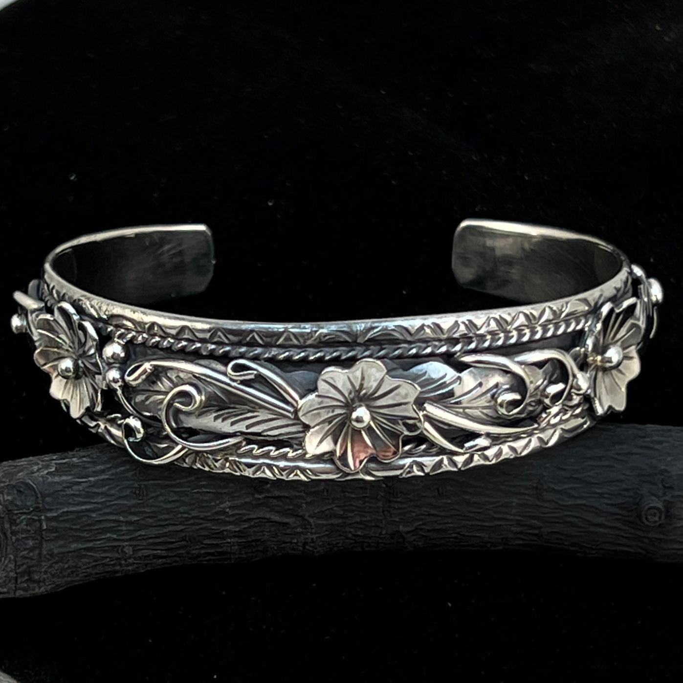 6 1/2" Narrow Floral sterling silver bracelet Navajo handmade Bessie Joe signed
