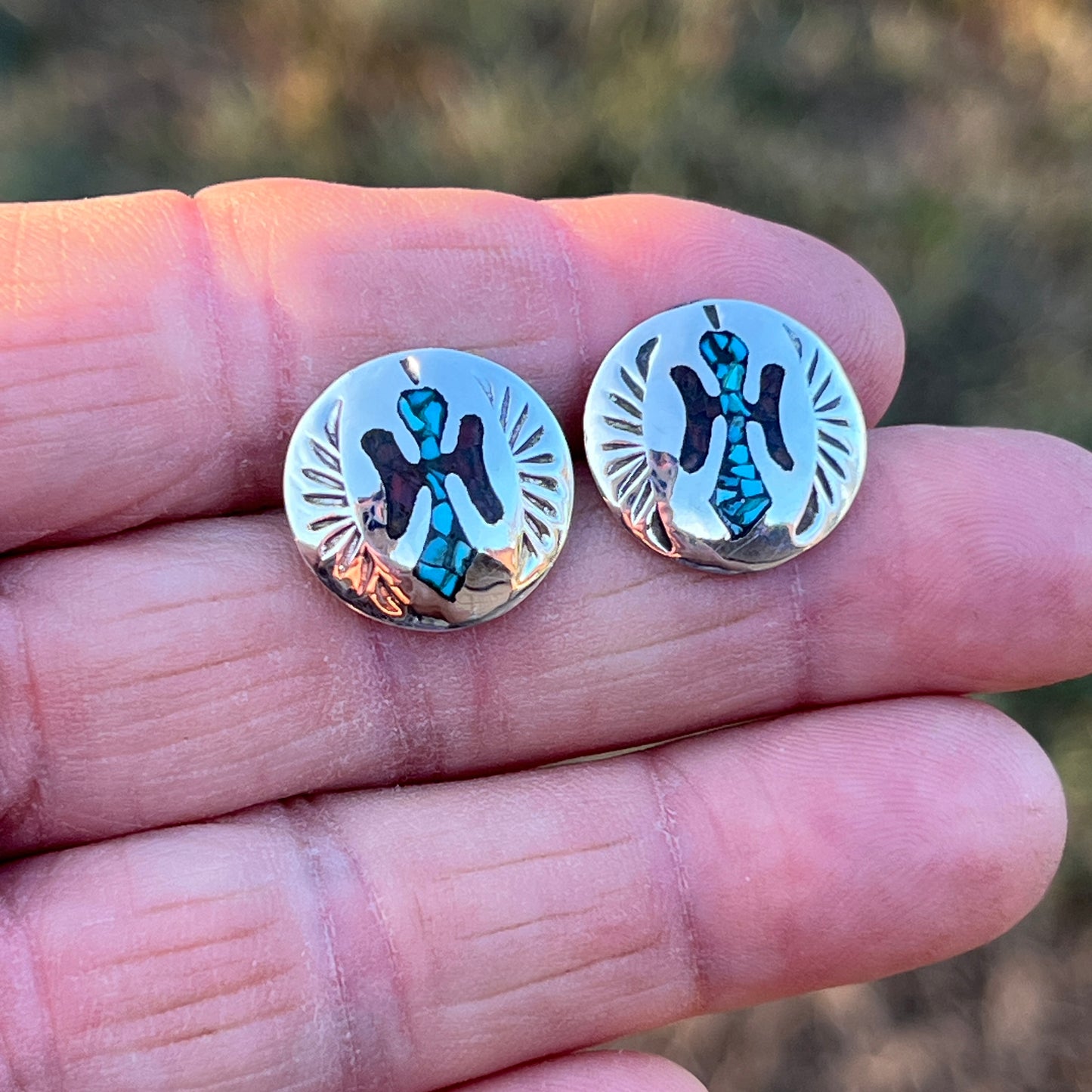 Turquoise Chip inlay Peyote bird small concho earrings Sterling silver Sally Shurley