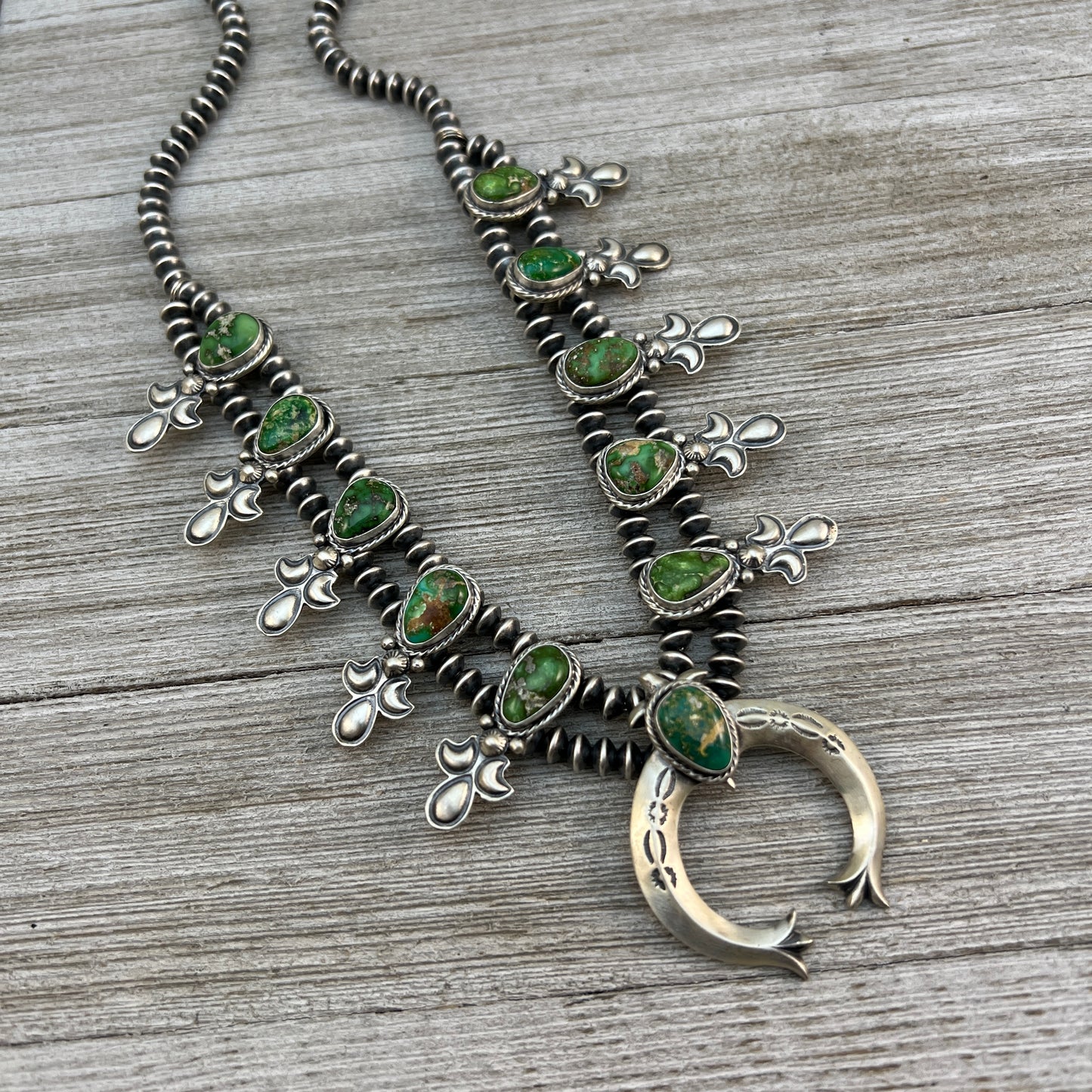 Sonoran Gold Green Turquoise Small Squash Blossom Necklace, Adrienne Gordon Navajo 3