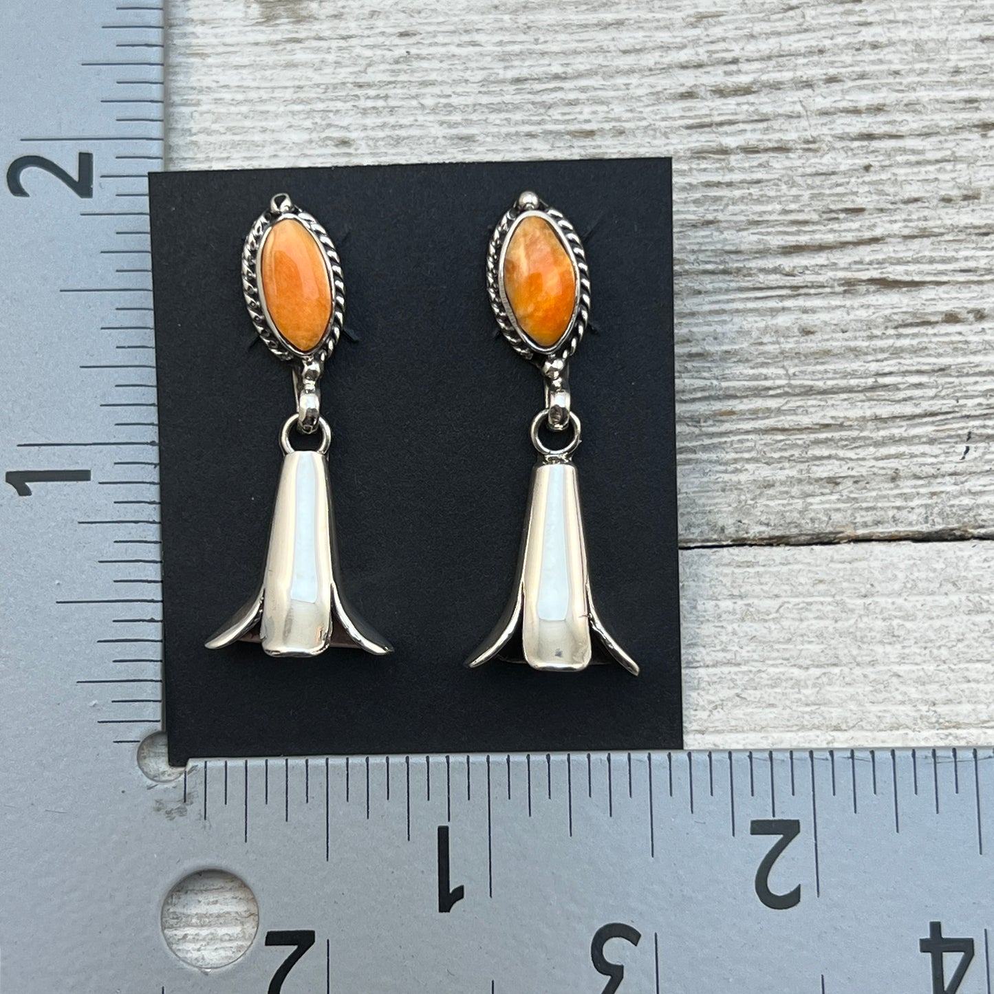 Orange Spiny Squash Blossom dangle earrings sterling silver turquoise Sheena Jack 409