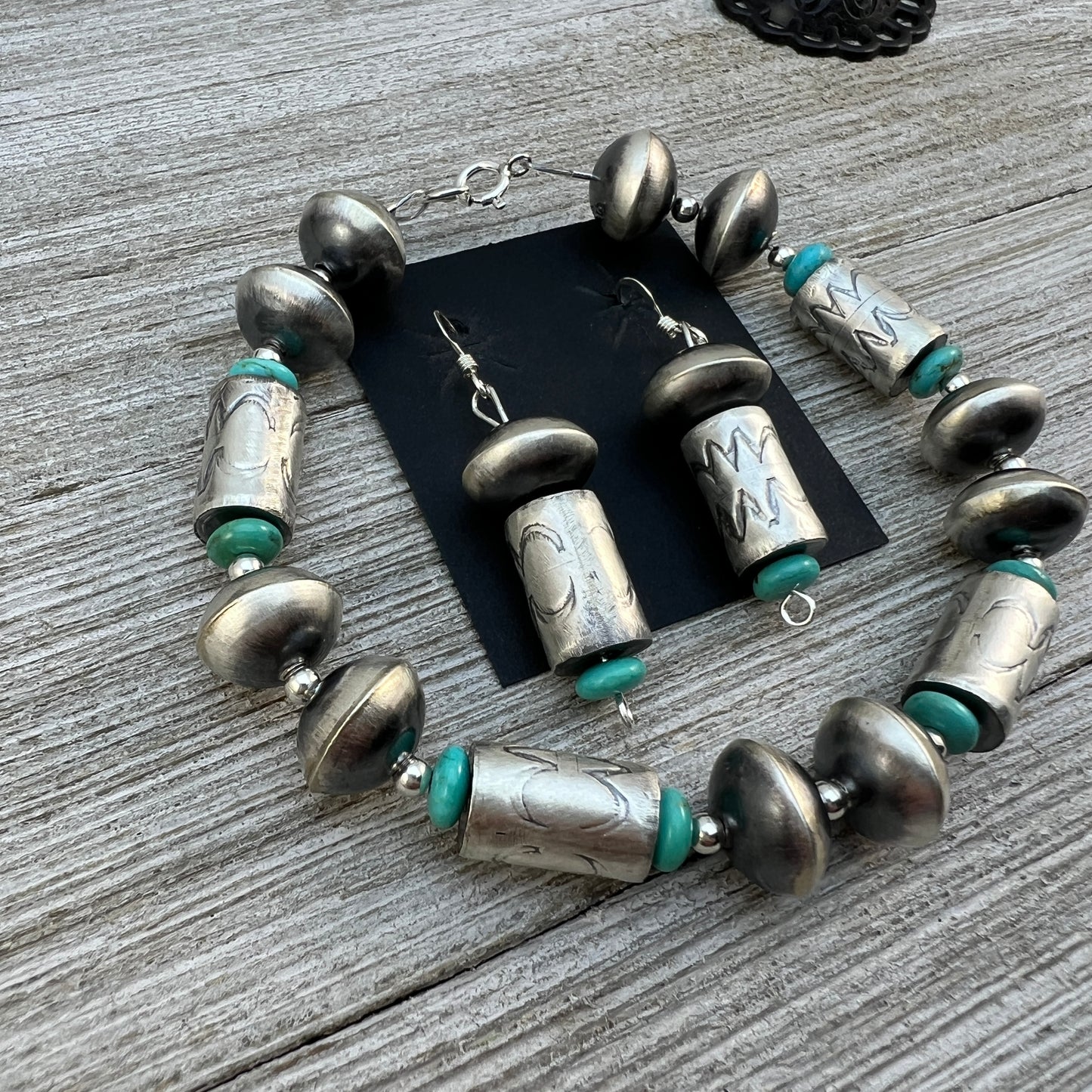Handmade Navajo Pearls, beads bracelet earring set sterling silver Sharon Cooley