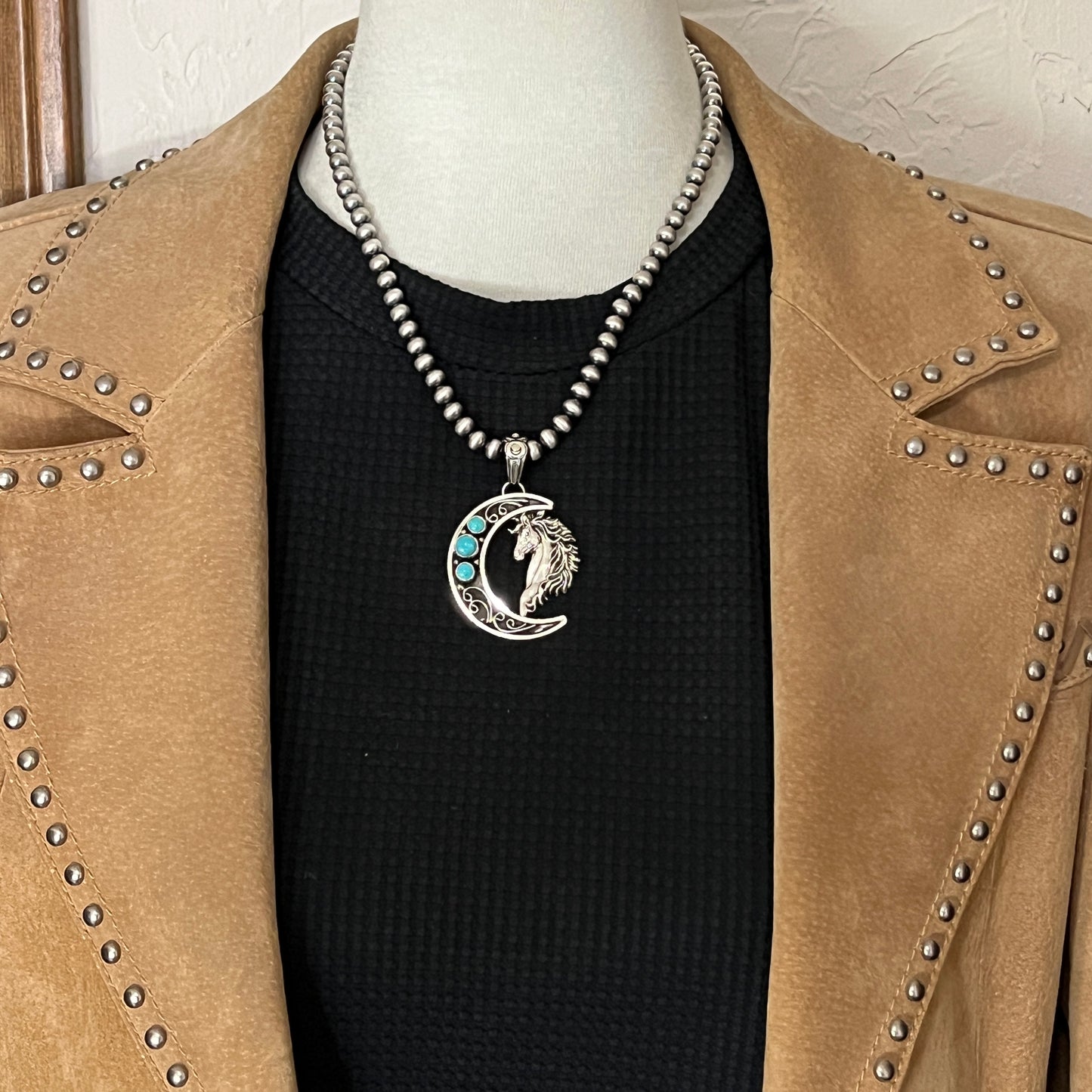 Blue turquoise horse moon pendant sterling silver Jennifer Cayaditto Navajo 822
