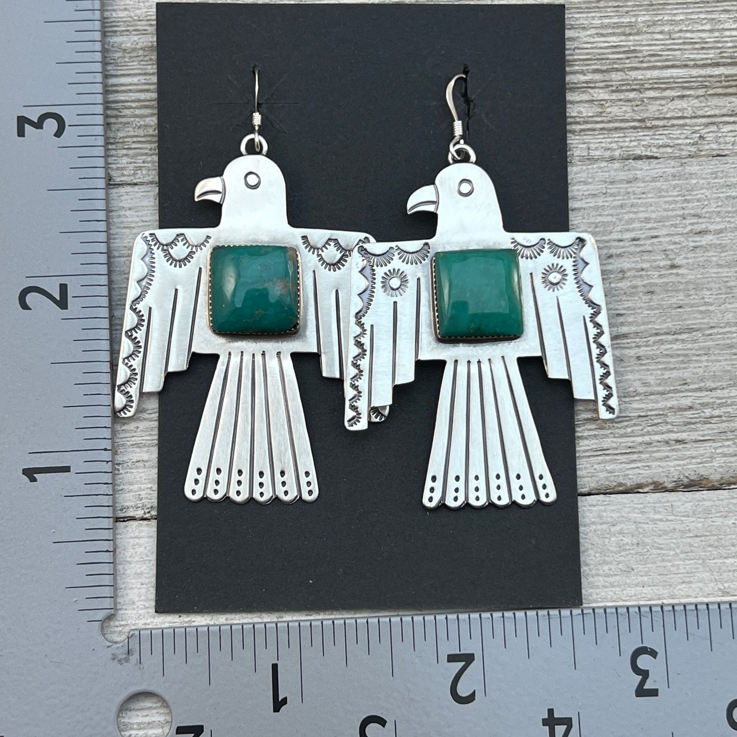 Navajo large Thunderbird dangle earrings sterling silver turquoise Jeremy Delgarito 401