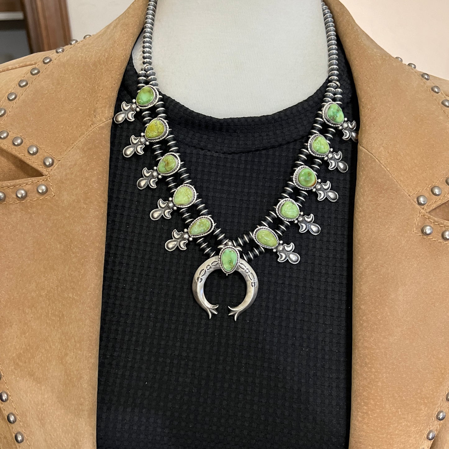 Sonoran Gold Green Turquoise Small Squash Blossom Necklace, Adrienne Gordon Navajo 2