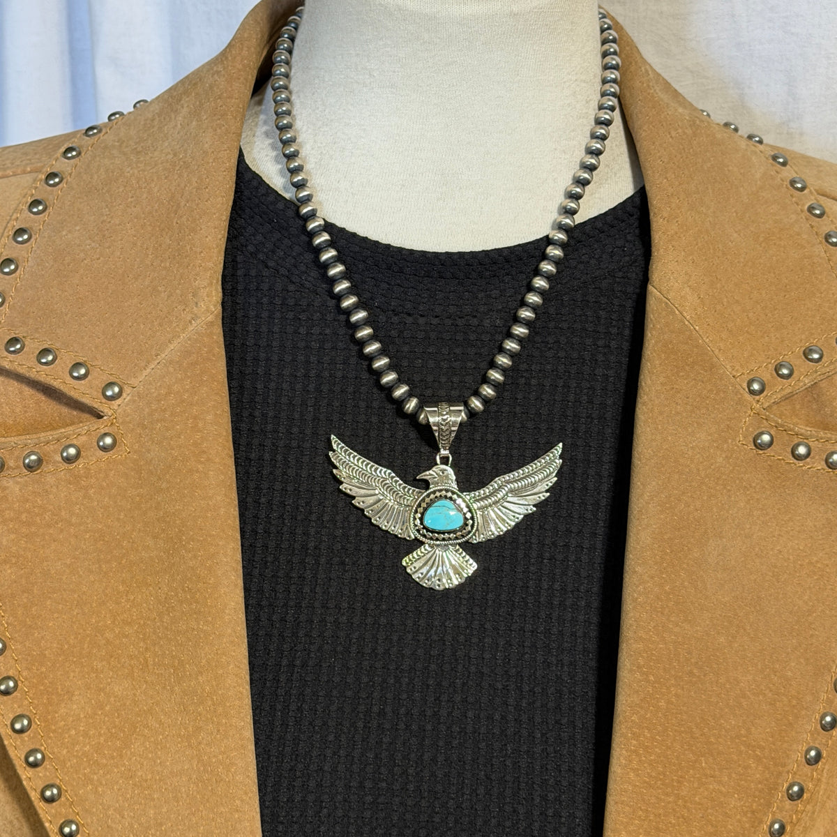 Turquoise Thunderbird Pendant sterling silver Jeremy Delgarito Navajo PD11 hand stamped