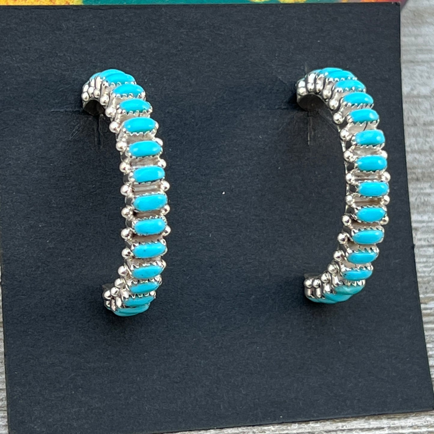 Turquoise 1 1/4" narrow turquoise zuni hoop earrings sterling silver Bernard Cachini