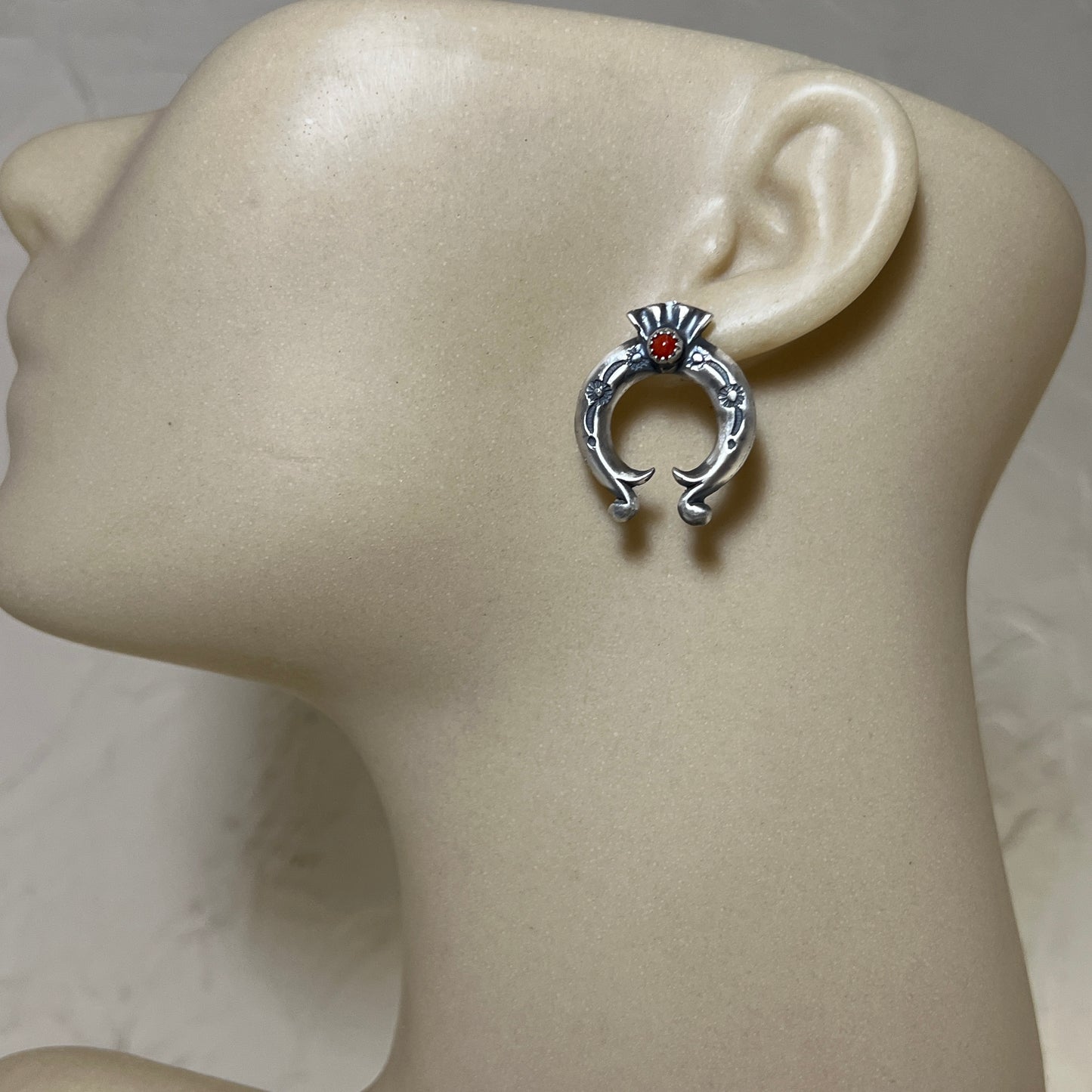 Red Mediterranean Coral Naja stud Earrings Navajo Adrienne Gordan Sterling Silver 2