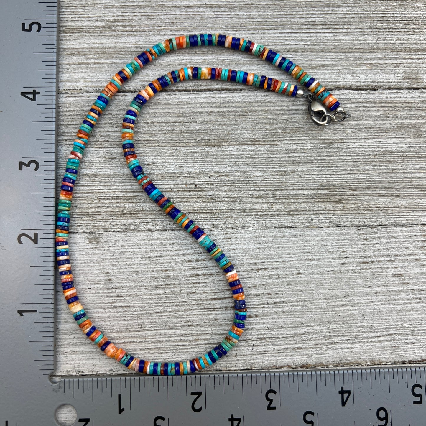 17", 4mm heishi bead necklace choker, blue turquoise lapis red orange spiny oyster shell