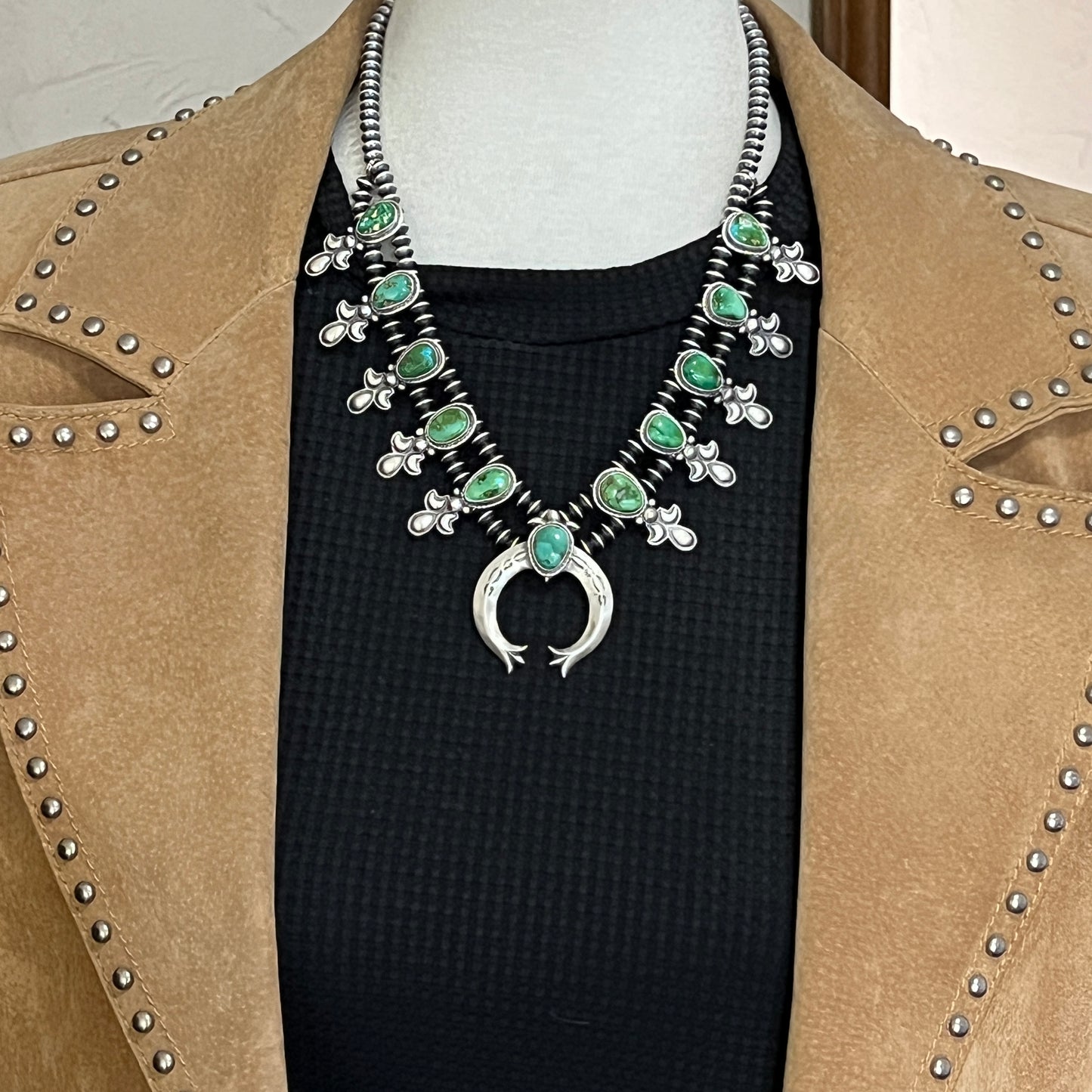 Sonoran Gold Green Turquoise Small Squash Blossom Necklace, Adrienne Gordon Navajo 1