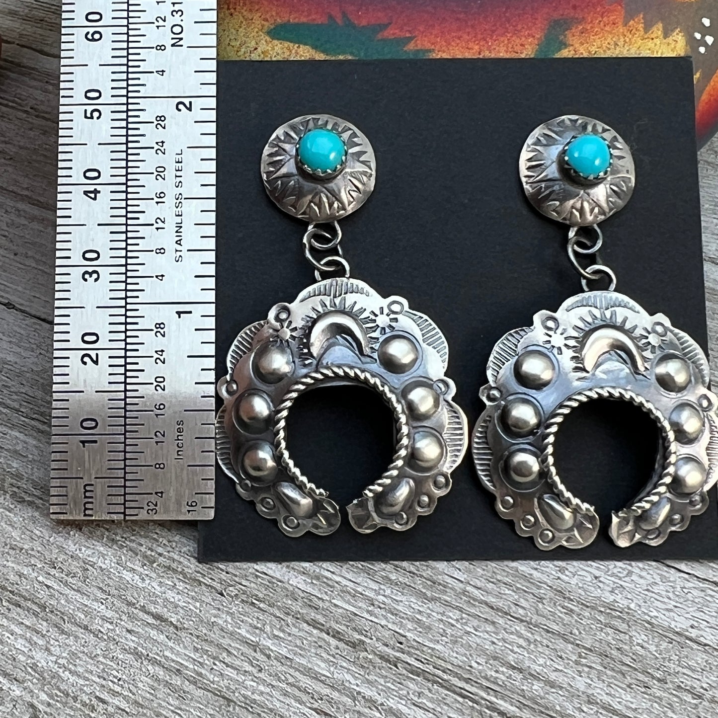 Sterling silver Turquoise Hand stamped naja concho earrings, Navajo Gabrielle Yazzie 2