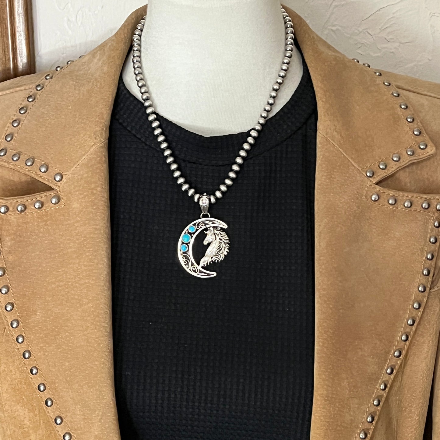 Blue turquoise horse moon pendant sterling silver Jennifer Cayaditto Navajo 823