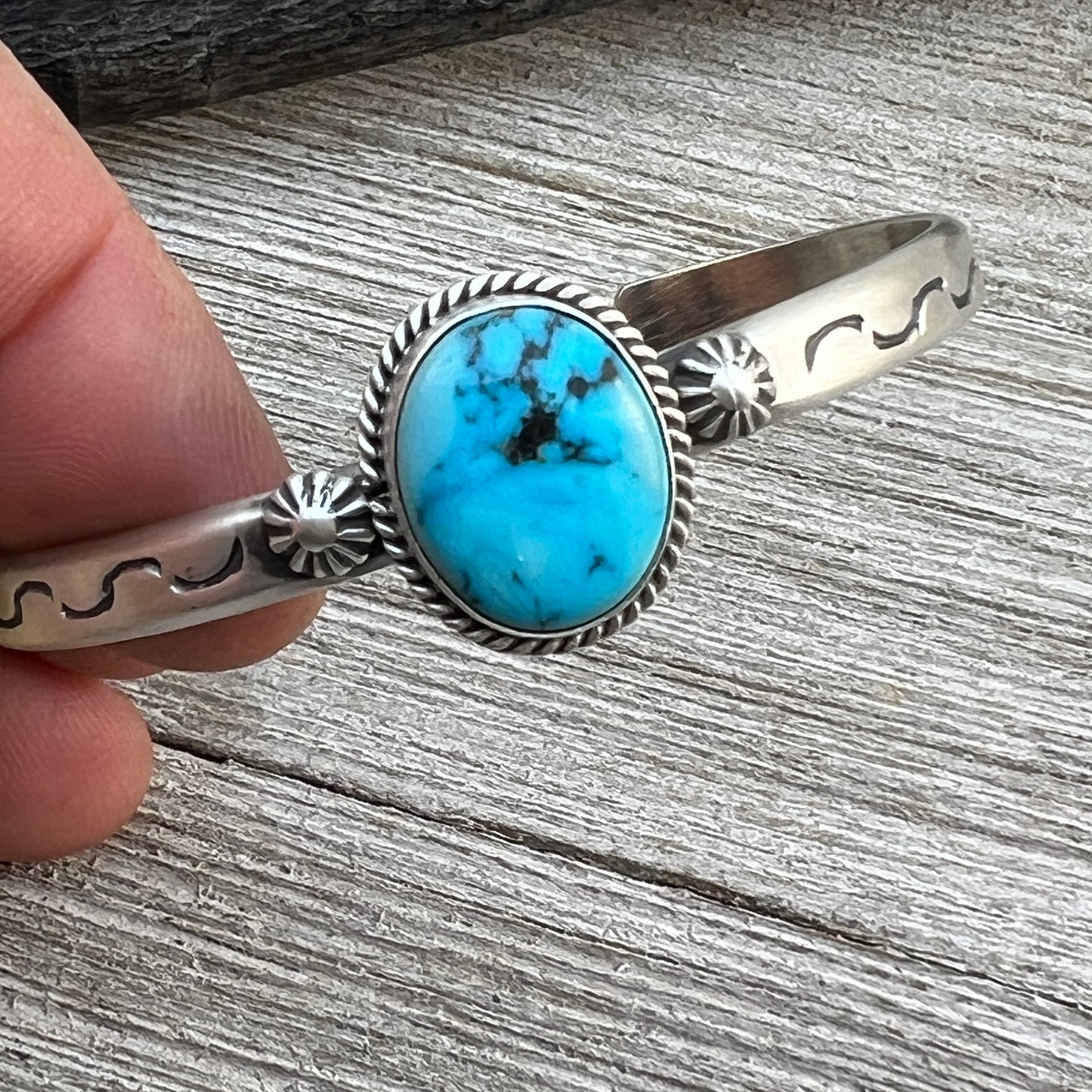 Blue Kingman Turquoise BOHO narrow Cuff bracelet Sterling Silver Samuel Yellowhair 13