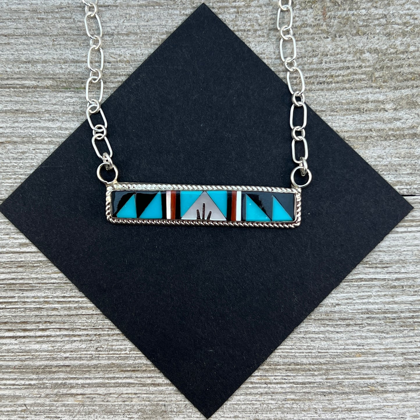 19" Zuni inlay turquoise coral Sterling silver Bar Necklace Rydell and Lynette Yuselew