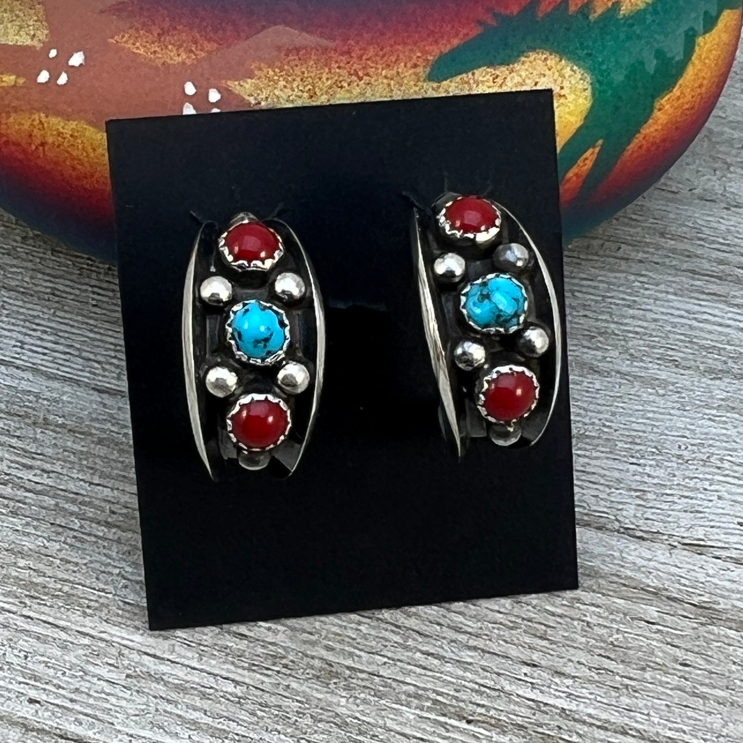 7/8" Turquoise Red Coral Hoop Earrings Navajo handmade by Paul Largo sterling silver 1