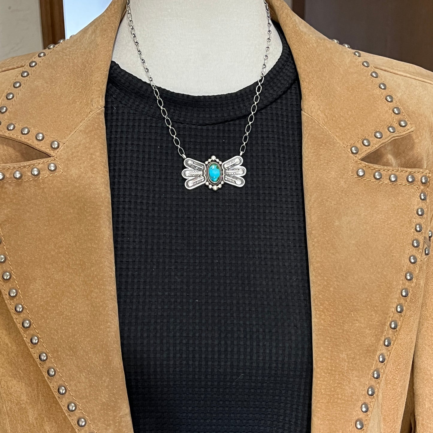 17 1/2"Sonoran Turquoise Necklace Feather sterling silver Navajo Verley Betone boho 2
