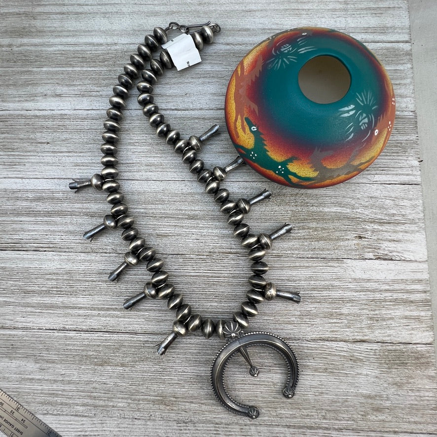 22" Squash Blossom Necklace handmade Navajo pearls Beads, Presley Haley sterling silver