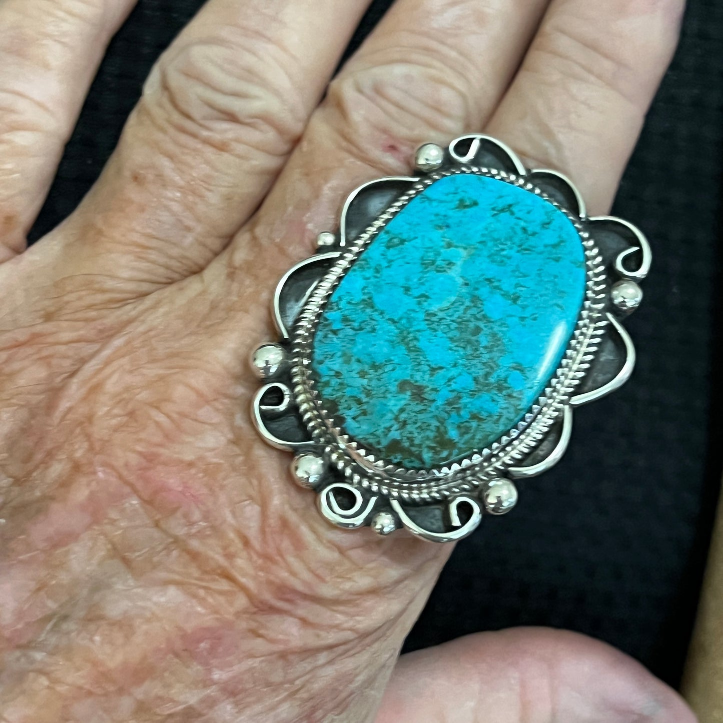 Size 9 Large Blue Kingman Turquoise Stone Statement ring Navajo Leslie Nez