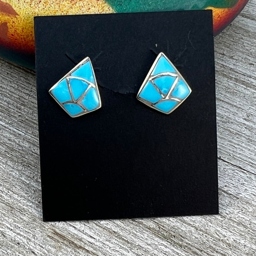 Small Zuni Fish scale inlay turquoise stud post earrings, Orena Leekya 5