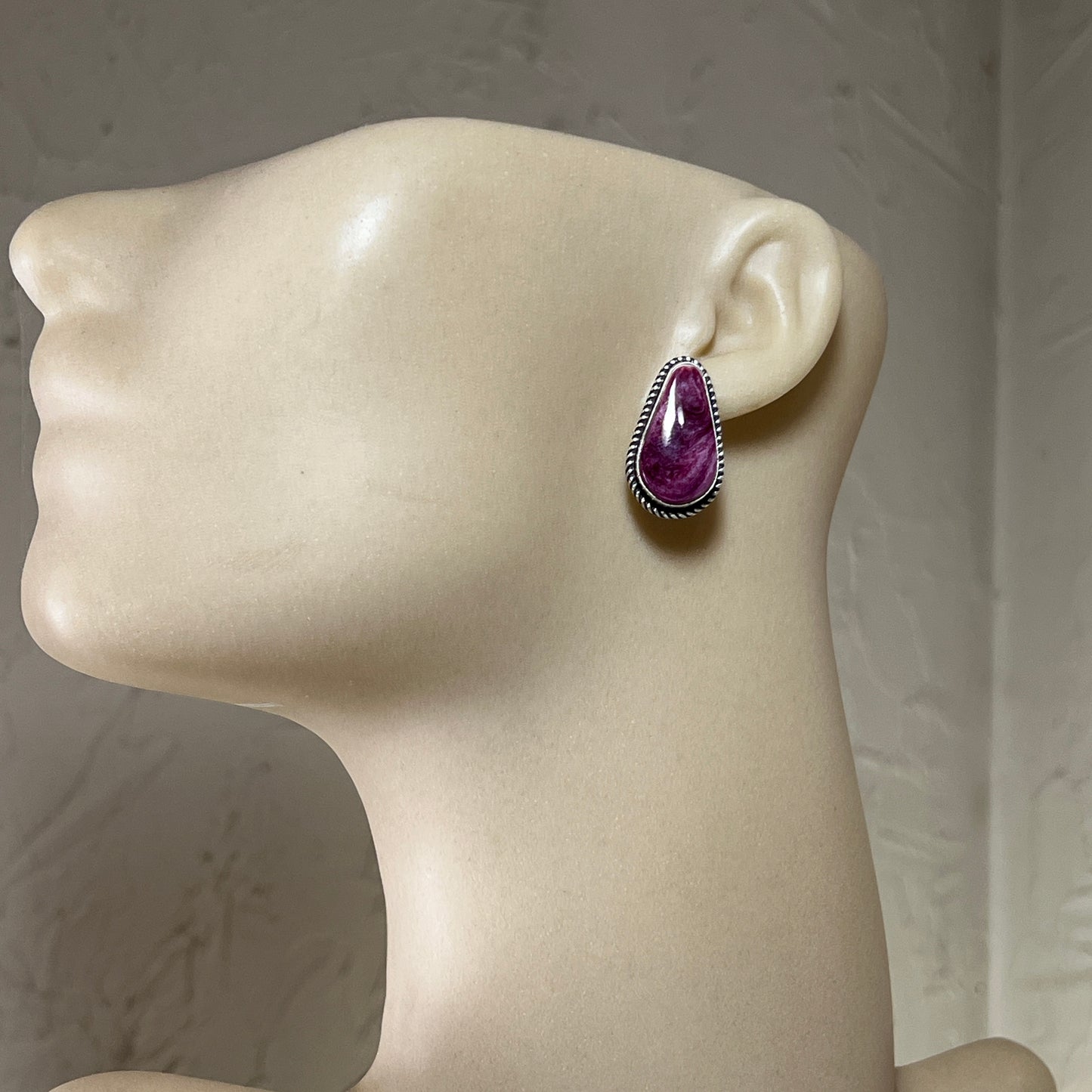 Purple Spiney Shell Teardrop stud earrings sterling silver Louise Kee Navajo 726