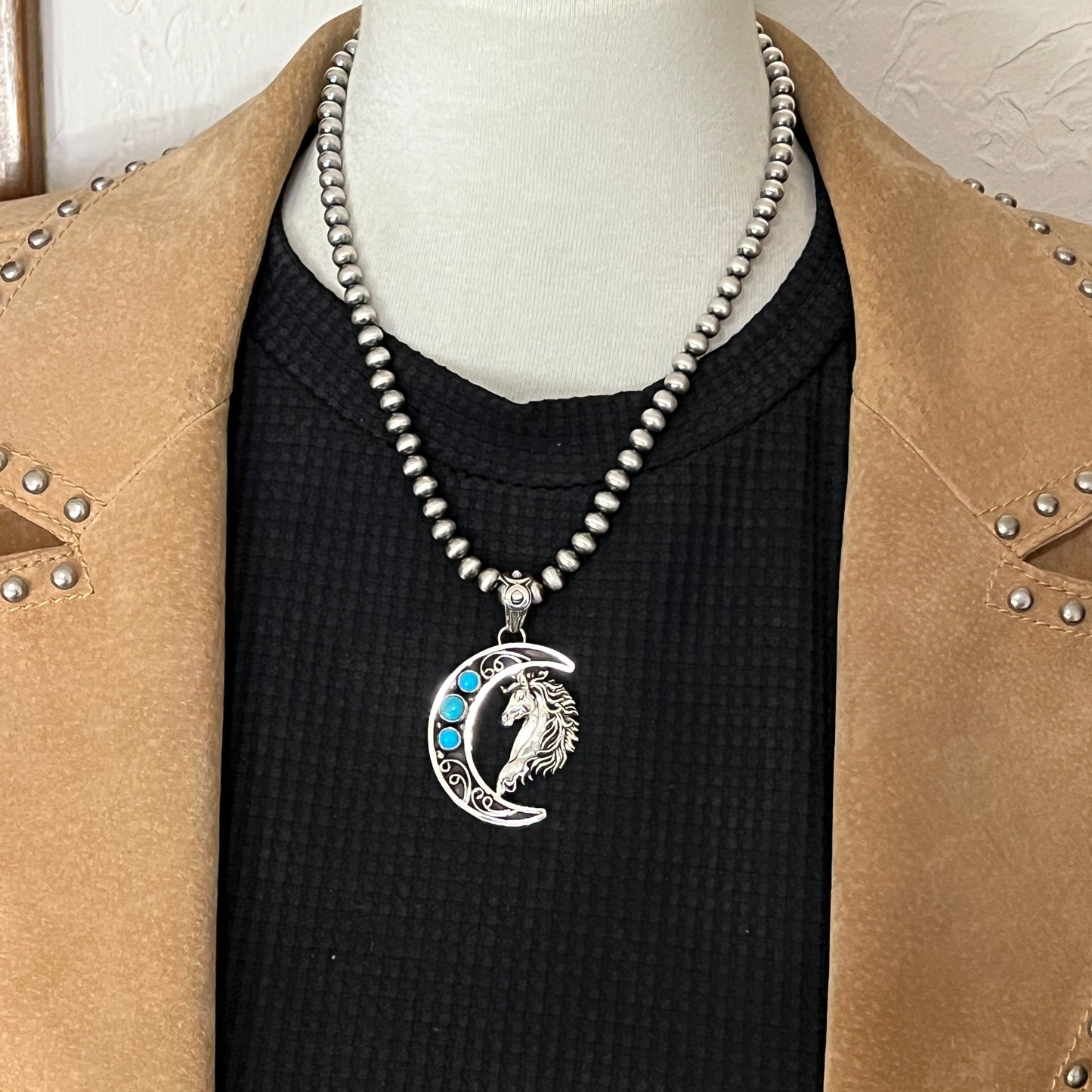 Blue turquoise horse moon pendant sterling silver Jennifer Cayaditto Navajo 820