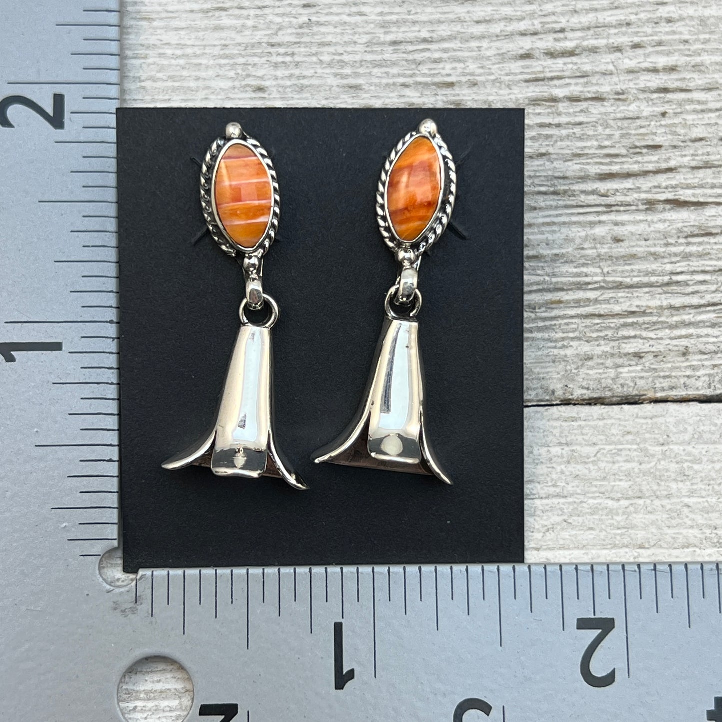 Orange Spiny Squash Blossom dangle earrings sterling silver turquoise Sheena Jack 410