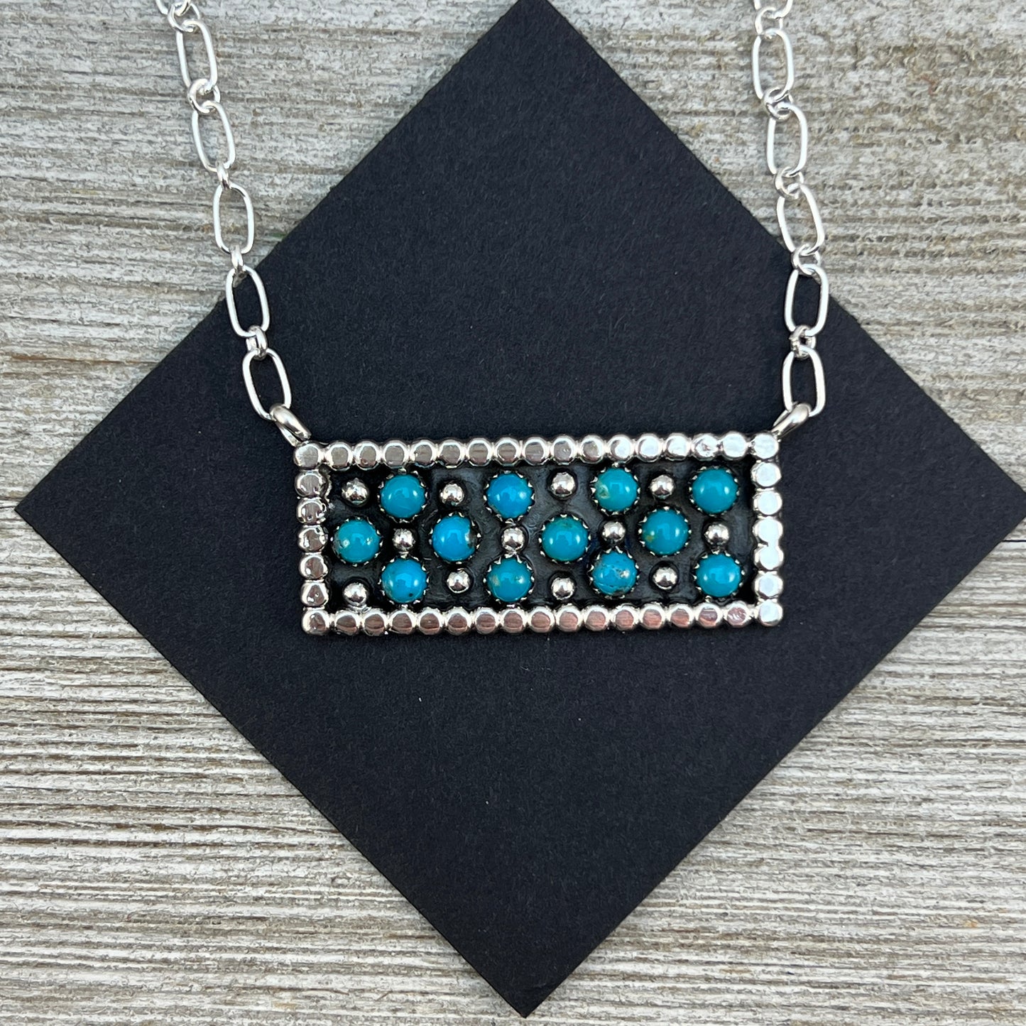 18" Zuni Snake Eye Dot Turquoise Sterling silver handmade Bar Necklace Kenny Lonjose 2
