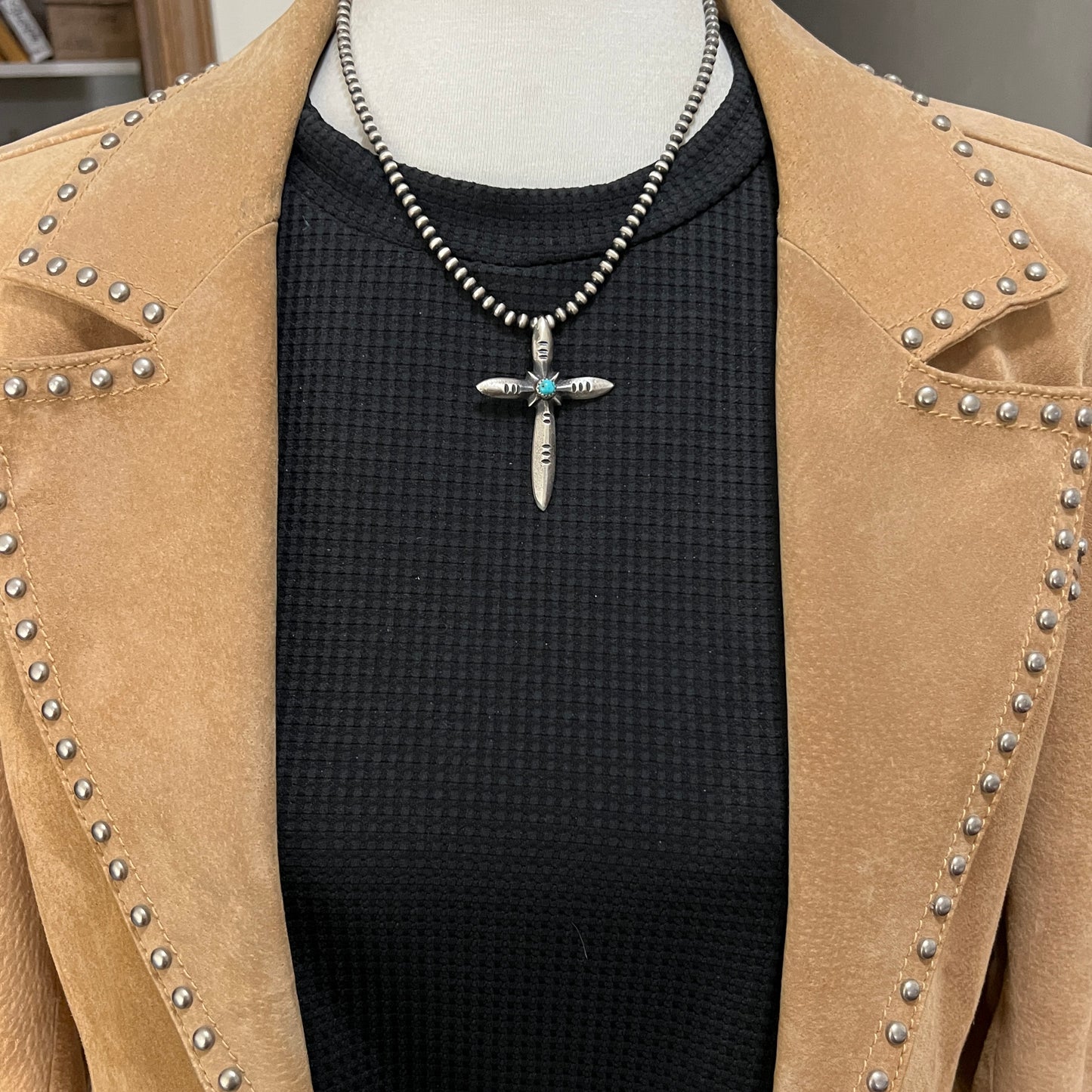 Narrow Turquoise Cross Pendant Sterling Silver Navajo handmade Martha Cayatineto