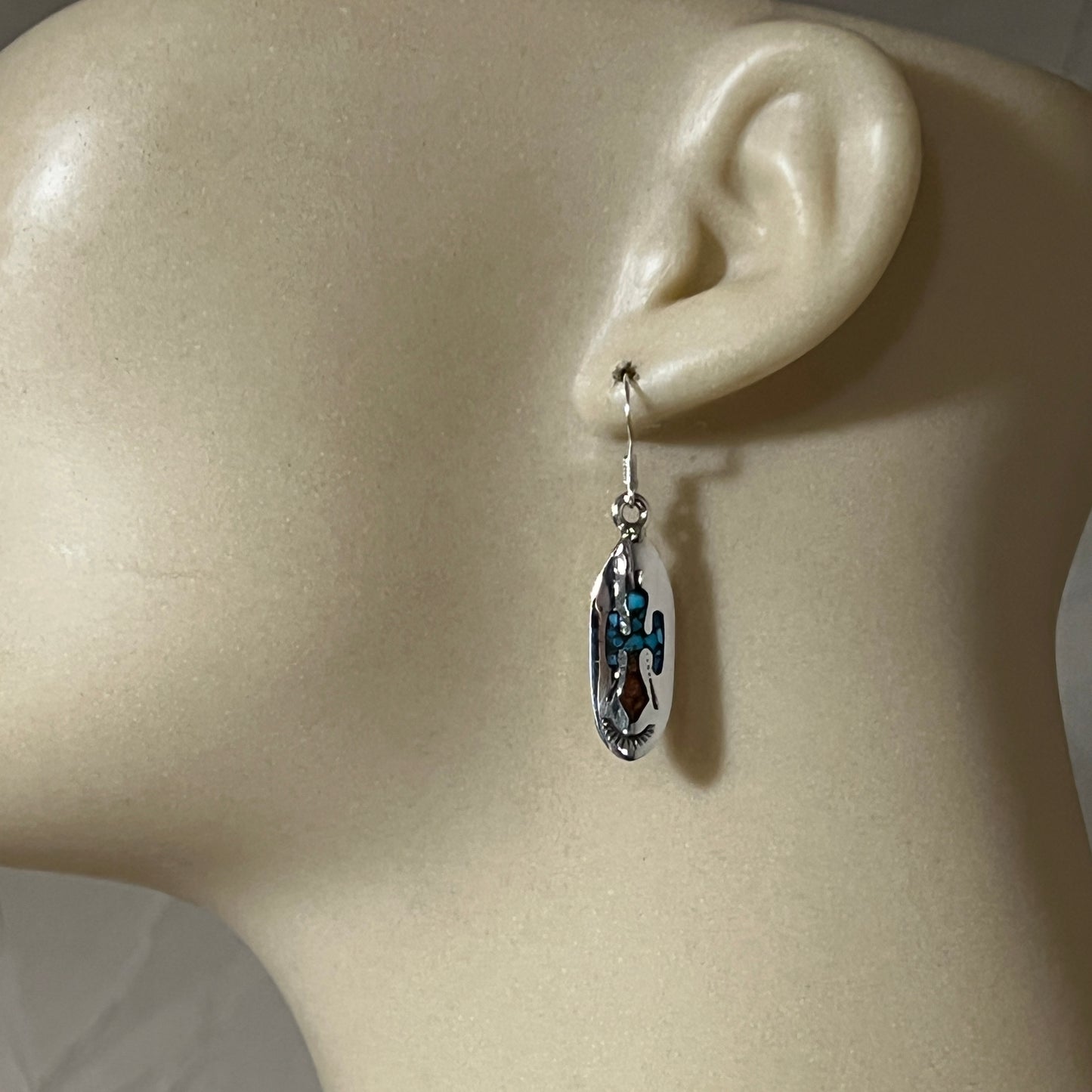 Turquoise Chip inlay Peyote bird small lightweight dangle earrings Sterling silver Sally Shurley