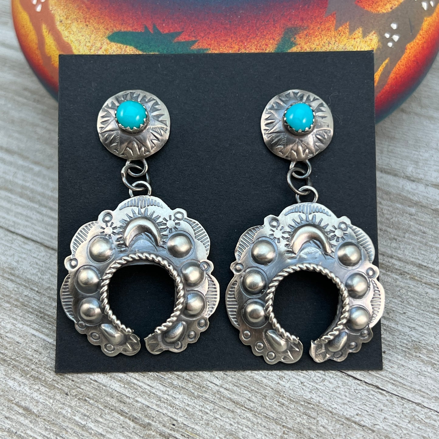 Sterling silver Turquoise Hand stamped naja concho earrings, Navajo Gabrielle Yazzie 2