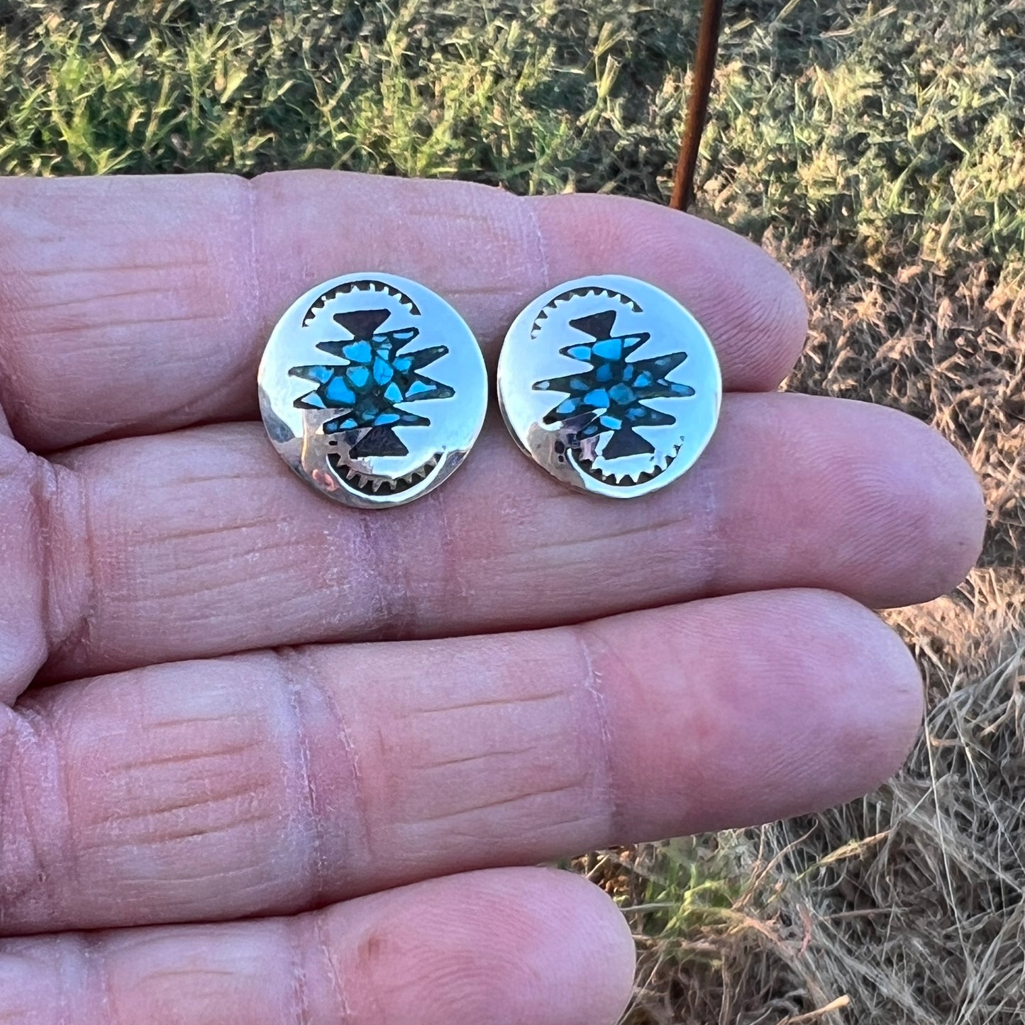 Turquoise Chip inlay Southwest small concho earrings Sterling silver Sally Shurley