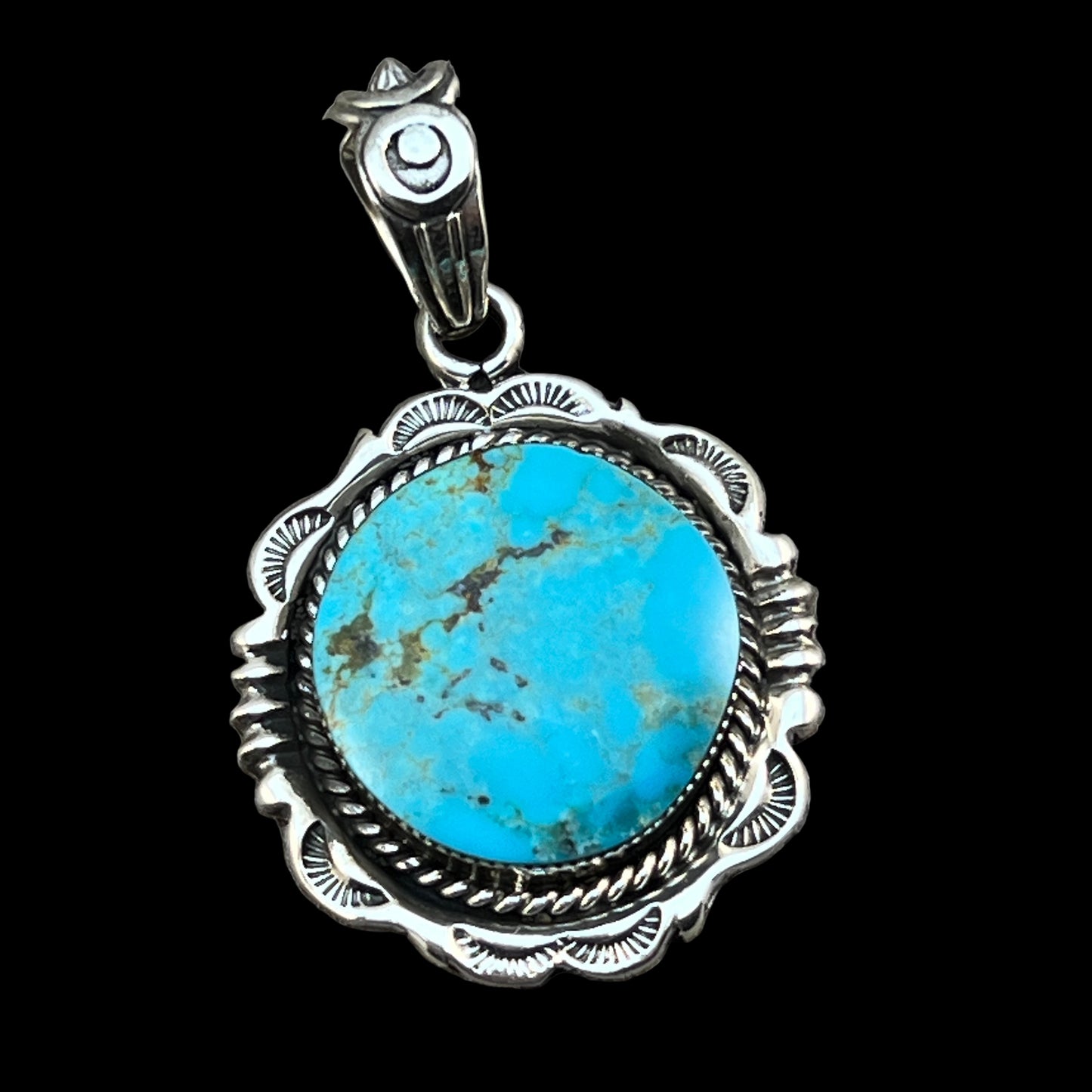 Kingman Turquoise Pendant Sterling silver Navajo handmade Jeremy Delgarito 551