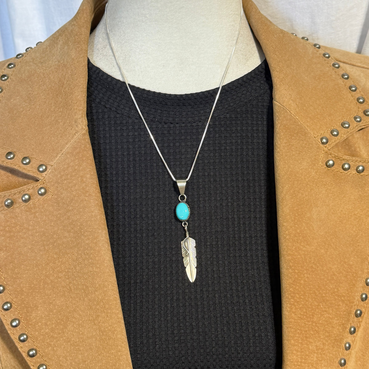 Blue Sonoran Turquoise sterling silver Feather Pendant Chris Charley Navajo PD1